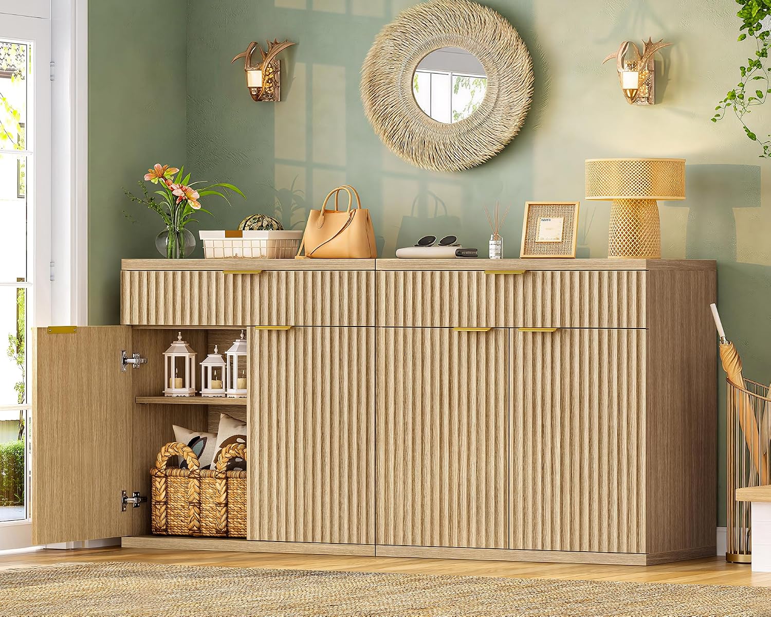 TEENFON Fluted Buffet Cabinet with Storage, 63' Sideboard Cabinet, Coffee Bar Cabinet with 2 Doors and Adjustable Shelf for Living Room, Kitchen, Entryway, Natural
