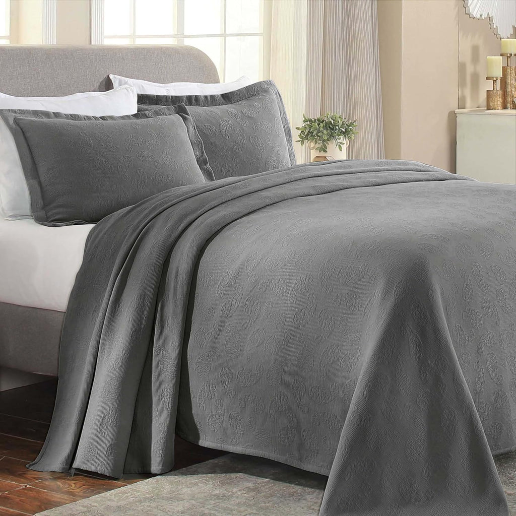 Superior Paisley Cotton 3 Piece Bedspread Set, Home Bed Decor, Decorative Textured Bed Spread, 2 Pillow Shams, Airy Blanket, Matelasse Coverlet Bedding, Vintage Floral Design, Queen, Grey