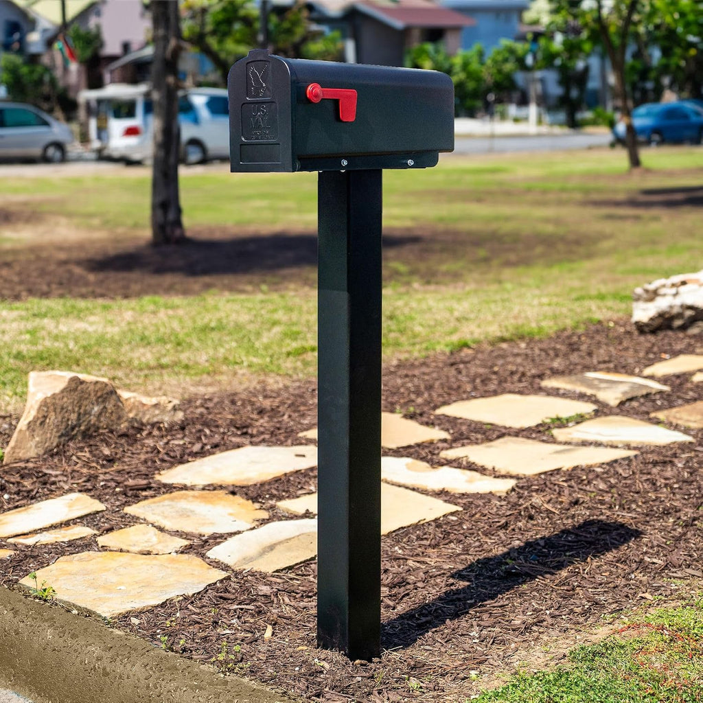 Tie Down Mailbox Post and Mount | Galvanized Powder-Coated Steel Post and Universal Mounting Plate for Mailbox | Black