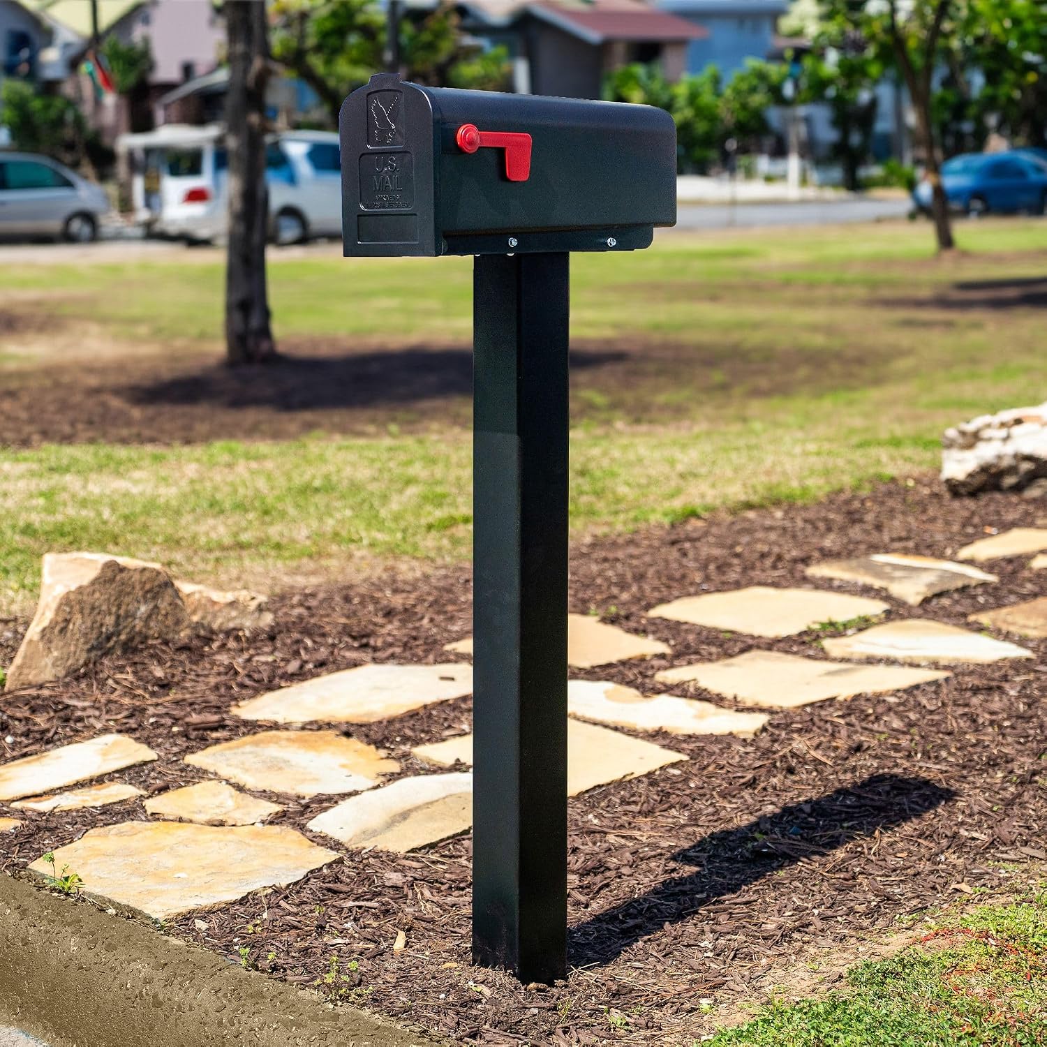 Tie Down Mailbox Post and Mount | Galvanized Powder-Coated Steel Post and Universal Mounting Plate for Mailbox | Black