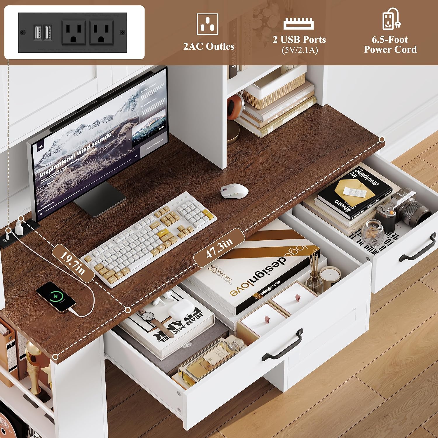 Keyluv 71' Tall Computer Desk with Hutch Cabinet, Home Office Desk with Storage Drawers Shelves and Side Rack, Wood Executive Desk with Doors, Outlet Station and Smart LED Lights, White