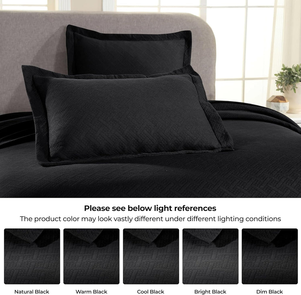 Superior 3 Piece Basketweave 100% Cotton Bedspread Set, Home Bed Decor, Decorative Bed Spread, 2 Pillow Shams, Medium Weight Blanket, Matelasse Coverlet Bedding, Geometric Lattice Pattern, King, Black