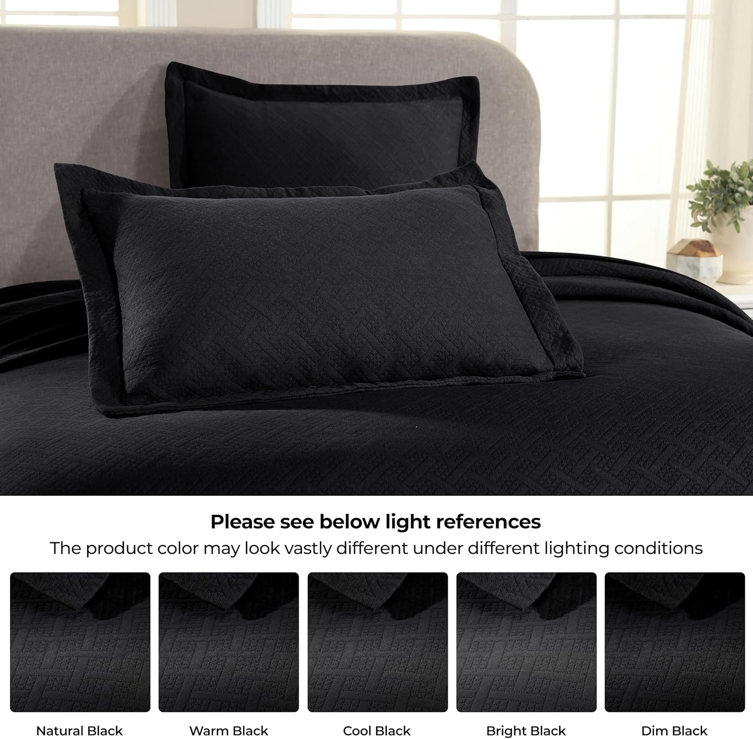 Superior 3 Piece Basketweave 100% Cotton Bedspread Set, Home Bed Decor, Decorative Bed Spread, 2 Pillow Shams, Medium Weight Blanket, Matelasse Coverlet Bedding, Geometric Lattice Pattern, King, Black