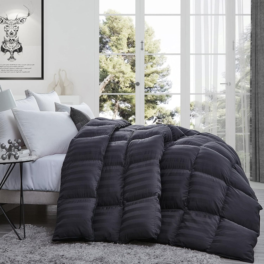 Luxurious Queen Size Goose Down Feather Fiber Comforter Duvet Insert, 100% Egyptian Cotton Cover, 60 oz. Fill Weight Comforter (Queen, Gray Stripe)