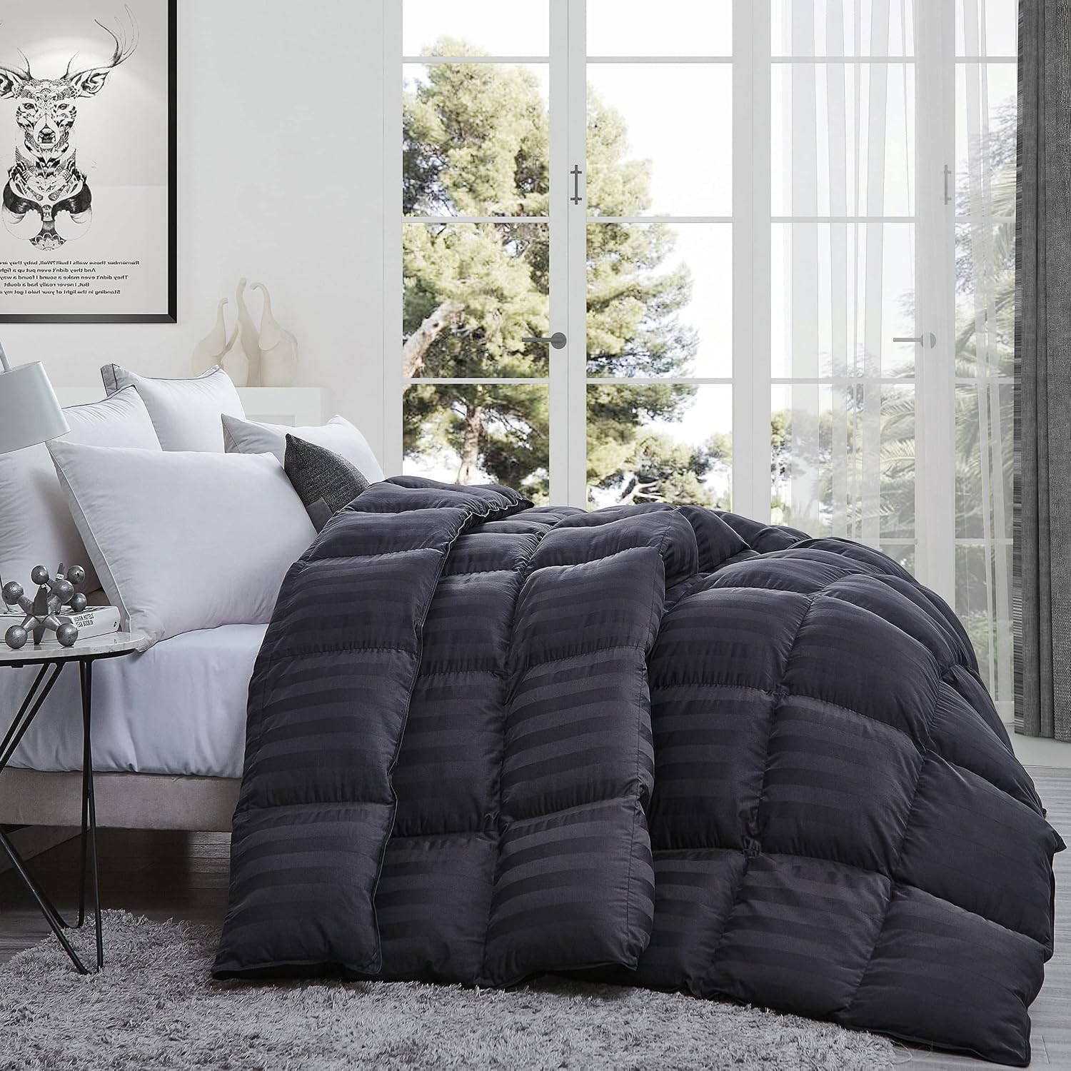 Luxurious Queen Size Goose Down Feather Fiber Comforter Duvet Insert, 100% Egyptian Cotton Cover, 60 oz. Fill Weight Comforter (Queen, Gray Stripe)
