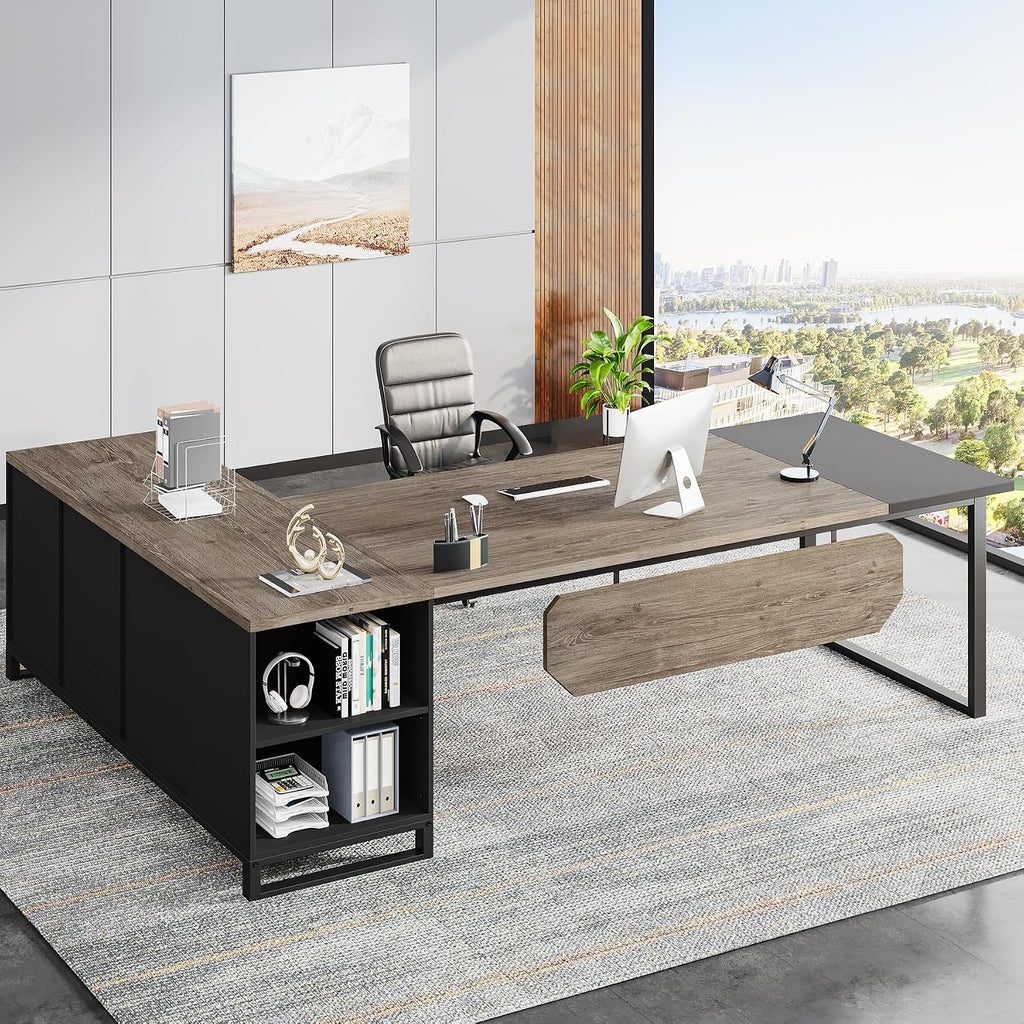 Tribesigns 70.8-Inch Executive Desk with 55-Inch File Cabinet, Large L Shaped Computer Desk with Storage Cabinet and Shelves, Industrial L-Shaped Desk for Home Office, Retro Gray & Black