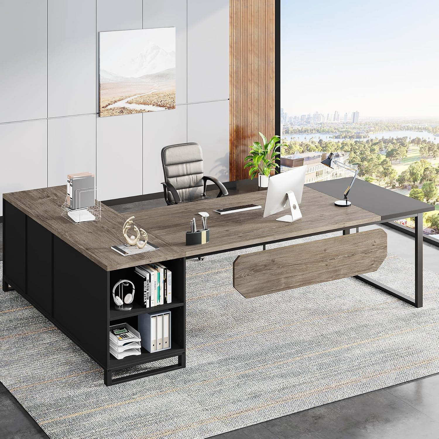 Tribesigns 70.8-Inch Executive Desk with 55-Inch File Cabinet, Large L Shaped Computer Desk with Storage Cabinet and Shelves, Industrial L-Shaped Desk for Home Office, Retro Gray & Black