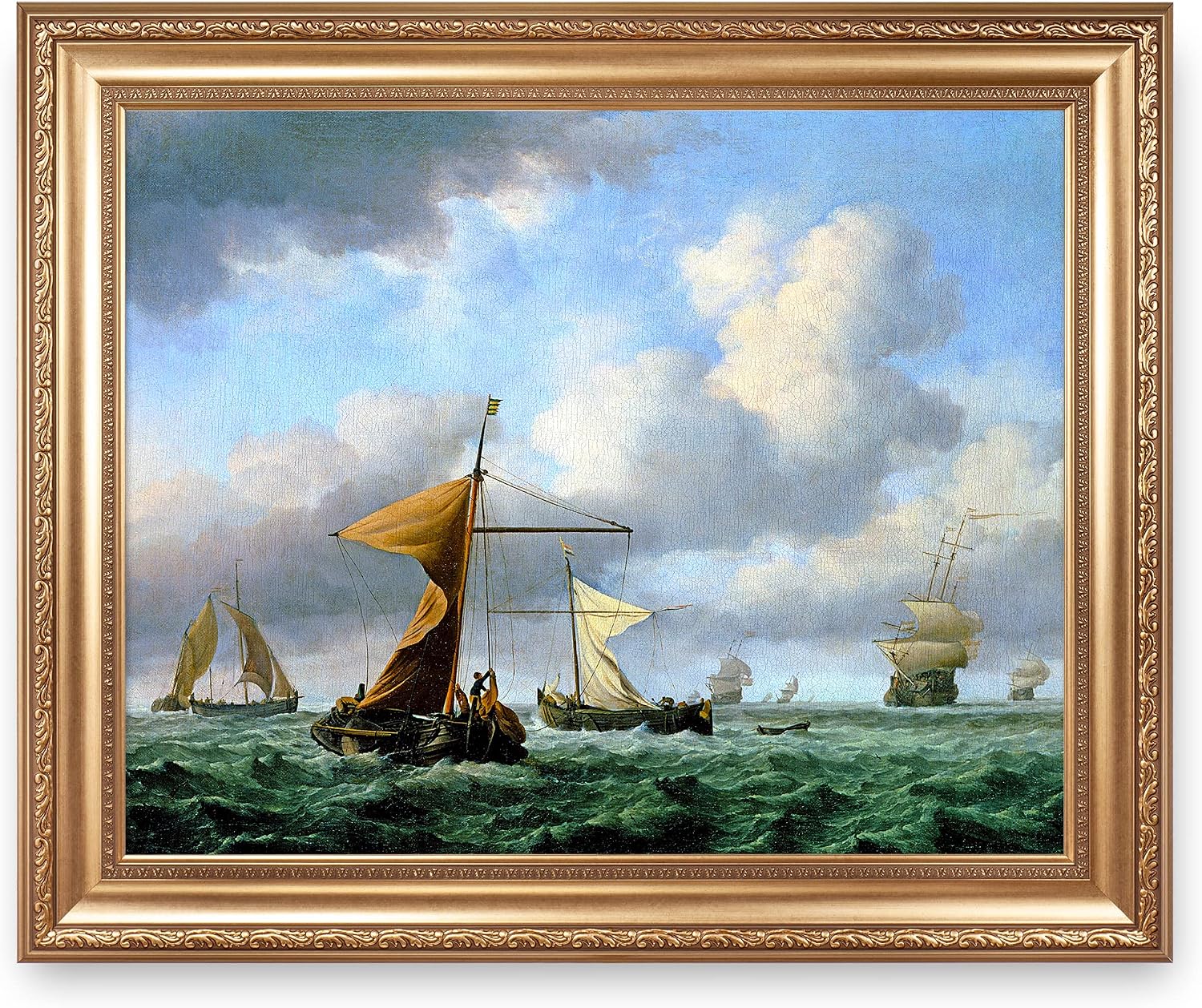 A Brisk Breeze by Willem van de velde Warship Painting Reproductions Framed Size:36x30 inches,Image Size:30x24 inches World Classic Reproductions For HomeDecor,Gold Frame