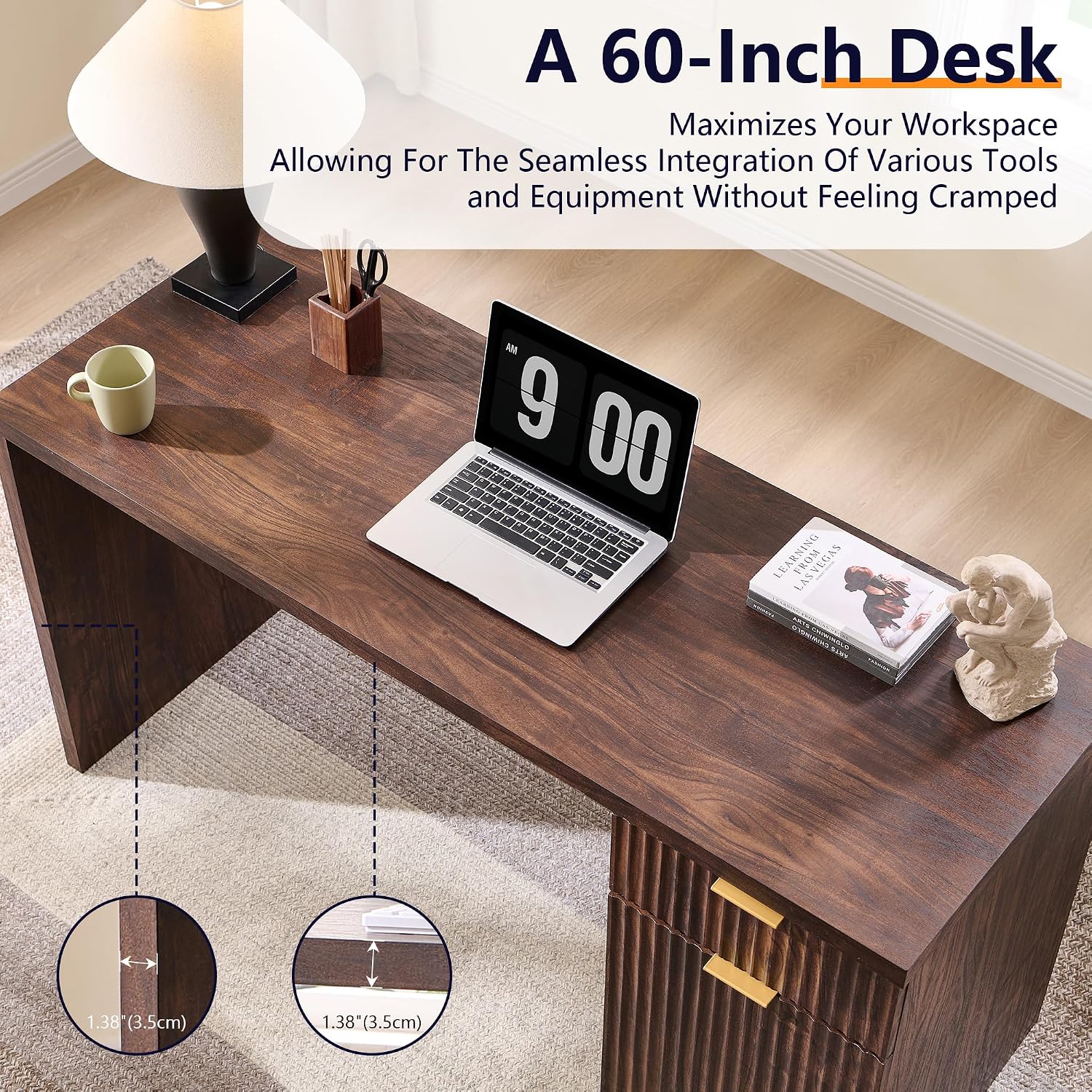 JXQTLINGMU 60' Modern Executive Desk with Storage, Wood Home Office Desk with Drawer & Cabinet, Fluted Computer Writing Desk for Study, Living Room, Bedroom, Dark Walnut
