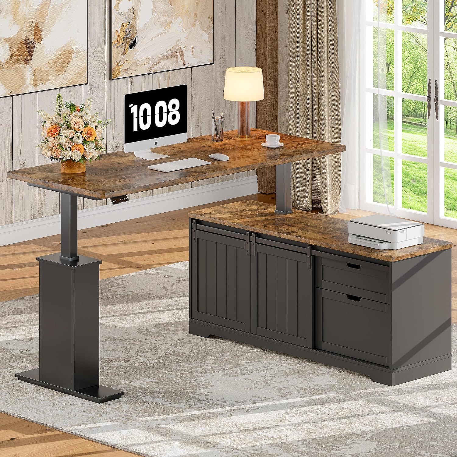 Whalefall L Shaped Standing Desk with Drawers, Height Adjustable Farmhouse Executive Computer Desk, Corner Desk with Cable Management and File Storage for Home Office, Black
