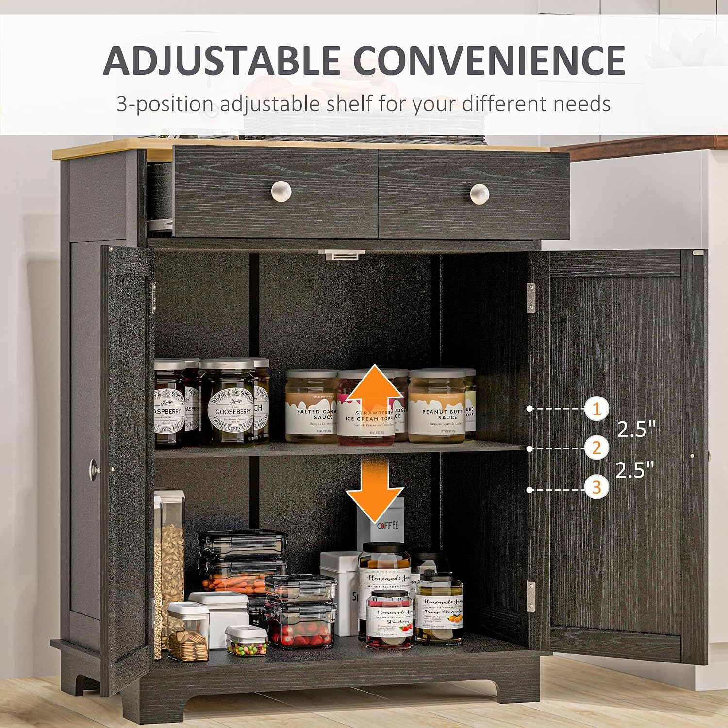 HOMCOM Sideboard Buffet Cabinet with Solid Wood Countertop, Modern Kitchen Storage Cabinet, Coffee Bar Cabinet with 2 Drawers, Doors and Adjustable Shelf, Distressed Black