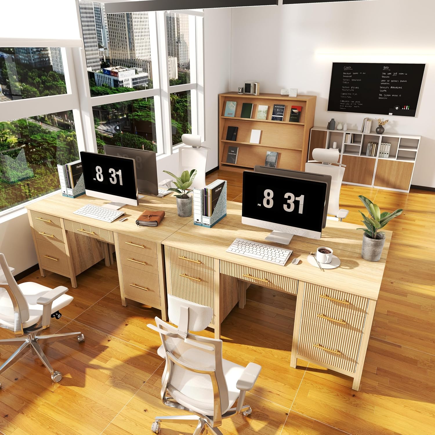 Modern Executive Desk with Drawers: 60' Oak Home Office Desks with File Drawers, Wood Fluted Computer Writing Desk for Work, Study, and Living Room (60')