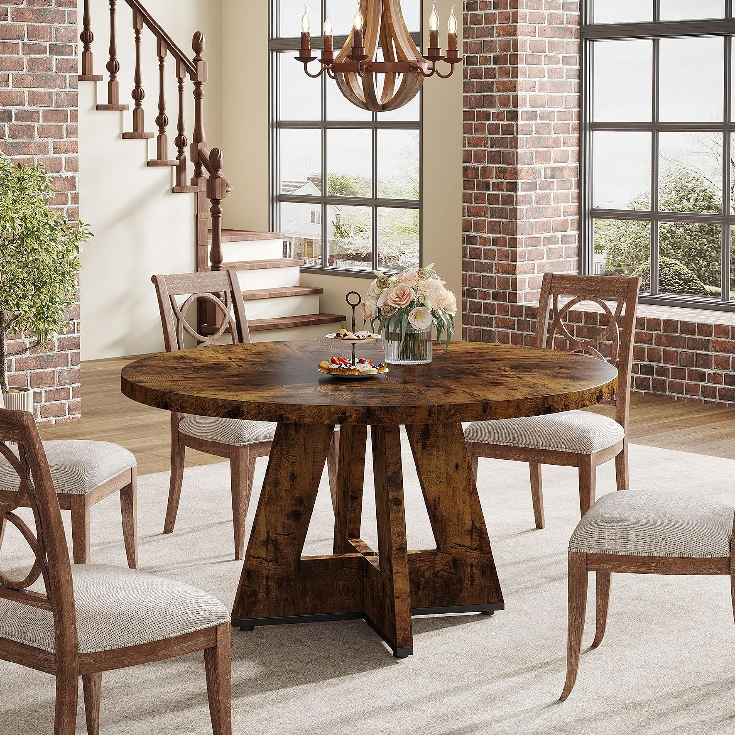 Tribesigns Farmhouse Dining Table, 47 Inch Round Dinner Table for 4, Rustic Round Dining Room Table for Home Dining Room Living Room (Dark Brown)