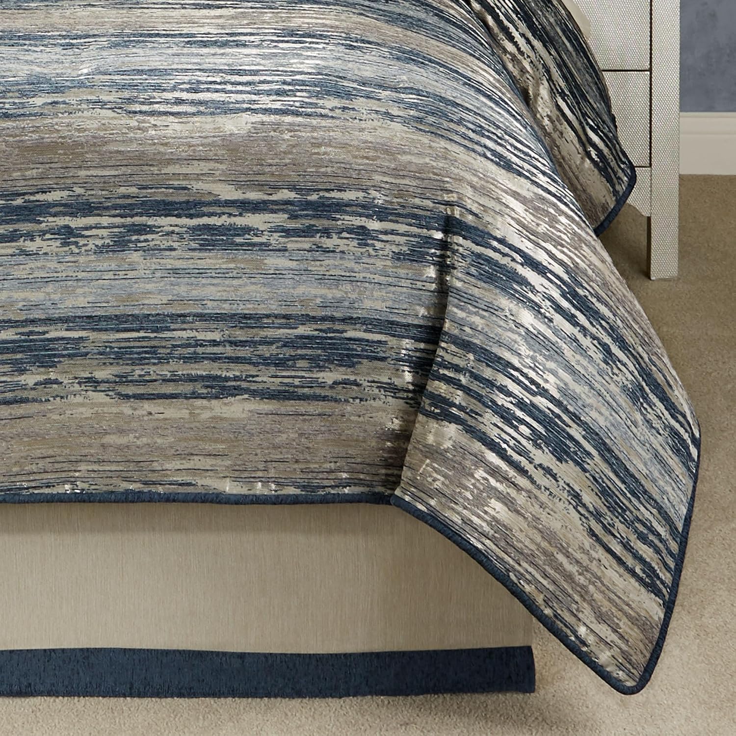 Spellbound Modern Luxury Bedding | Chic Metallic, Cool, & Neutral Hues | Chenille Abstract Striated Designs | 4 Piece Bedding Set Includes Oversized Queen Comforter, Bedskirt, and 2 Standard Shams