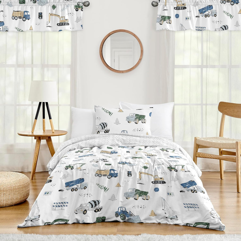 Sweet Jojo Designs 2-Piece Twin Comforter Set (Green Construction Truck) for Boys, Children, Kids Bedding, Bed in a Bag incl. Blanket & Pillow Sham (Transportation, Gray, Blue, Grey & Yellow, Trucks)