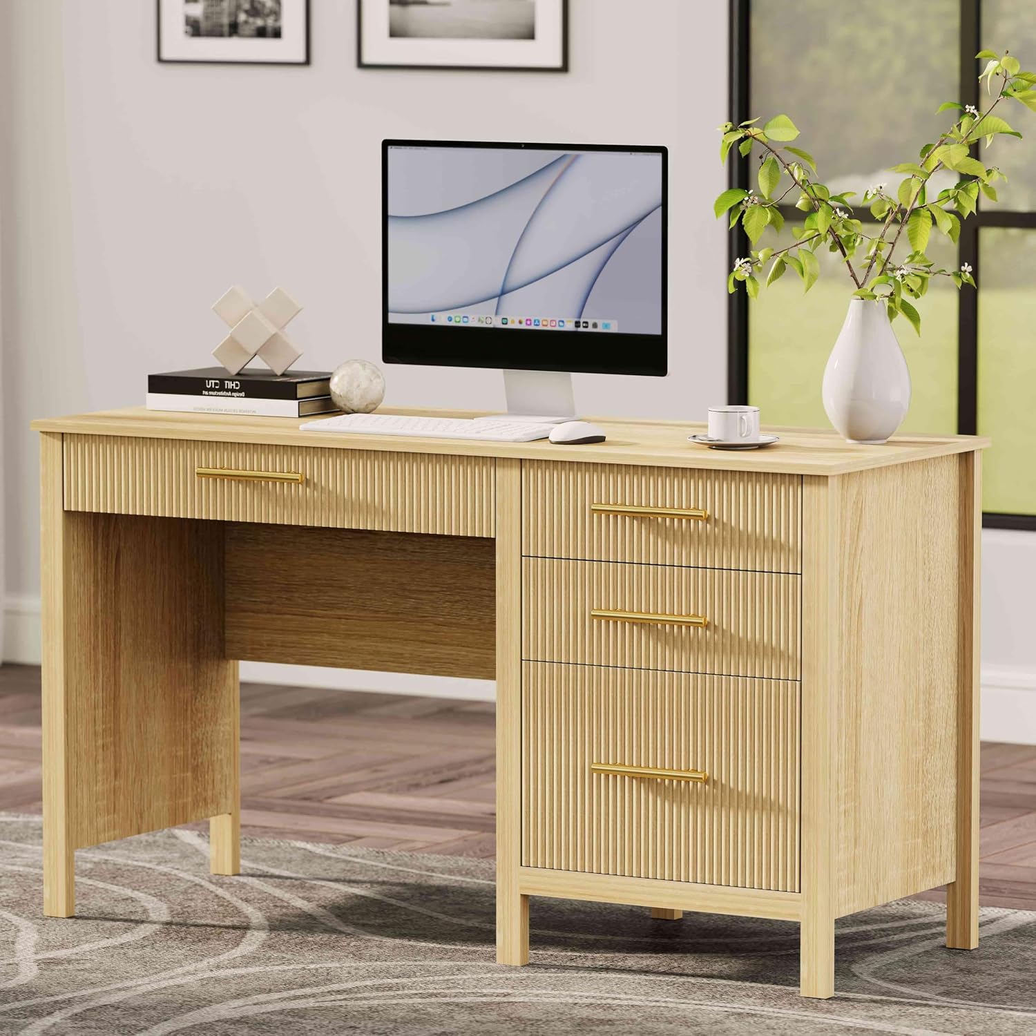 Modern Executive Desk with Drawers: 54' Oak Home Office Desks with File Drawers, Wood Fluted Computer Writing Desk for Work, Study, and Living Room (54')