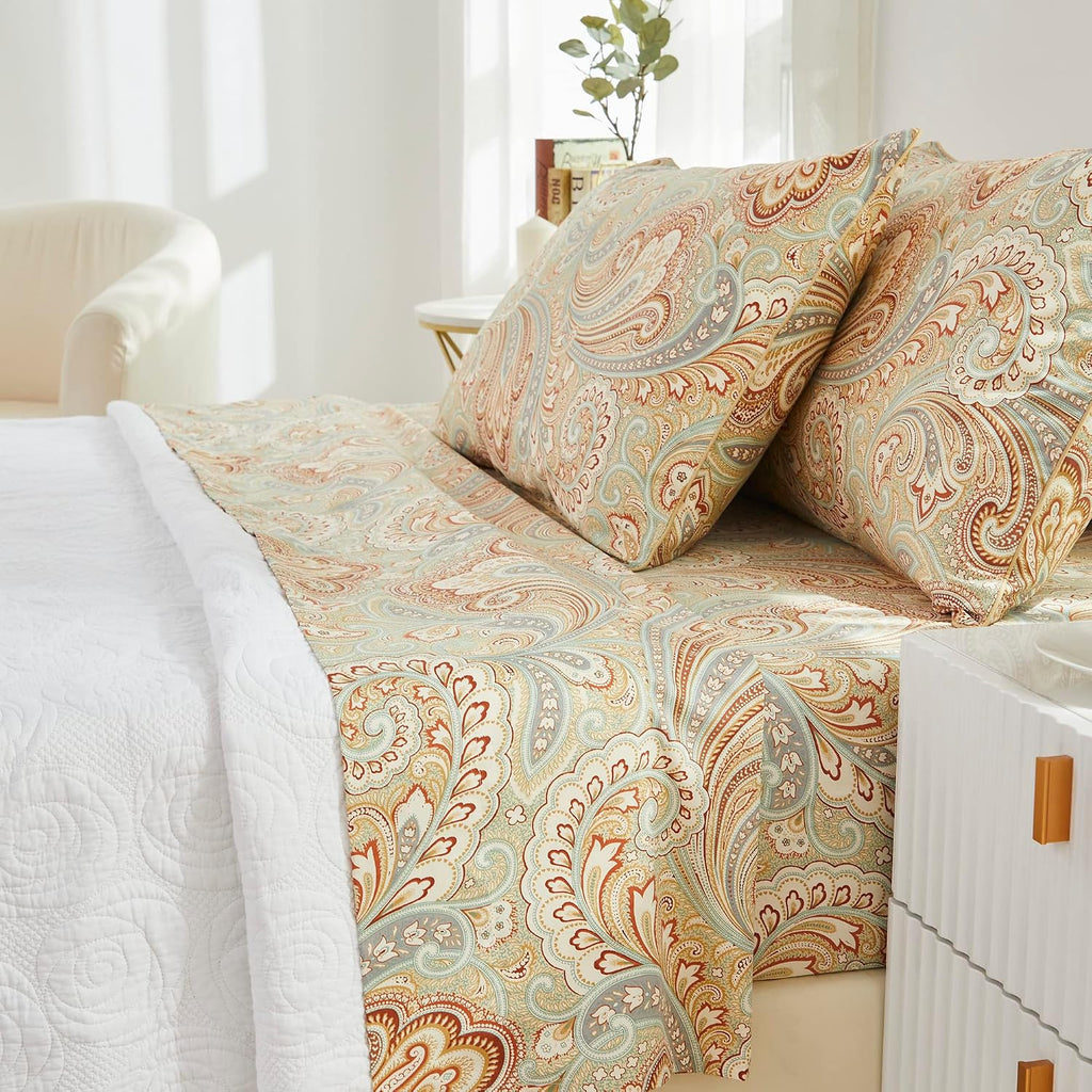 Brandream Paisley Bedding Gold Classy Regal Themed Boho Bed Sheet Set Luxury Bedding Collections 800 Thread Count 100% Egyptian Cotton Deep Pocket, 4 Piece-King Size