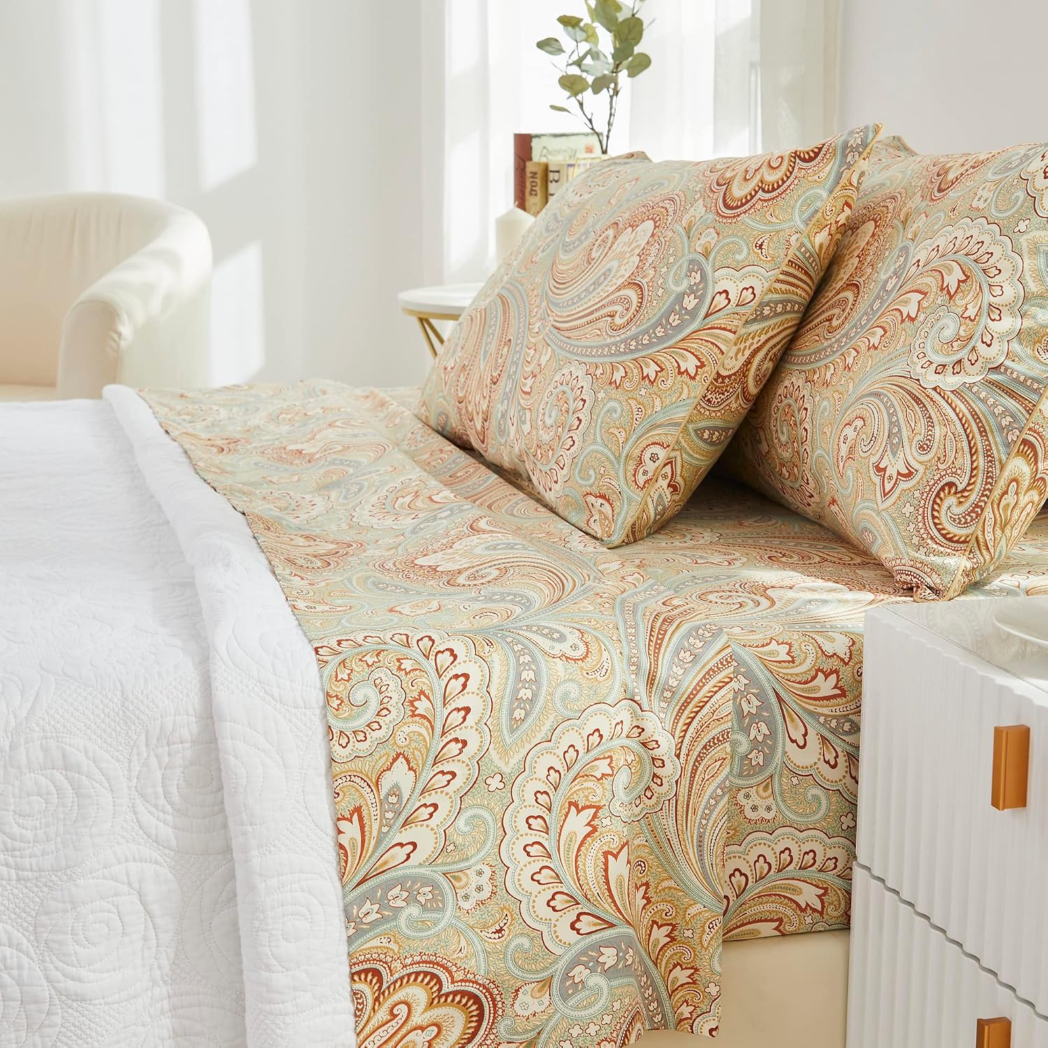Brandream Paisley Bedding Gold Classy Regal Themed Boho Bed Sheet Set Luxury Bedding Collections 800 Thread Count 100% Egyptian Cotton Deep Pocket, 4 Piece-King Size