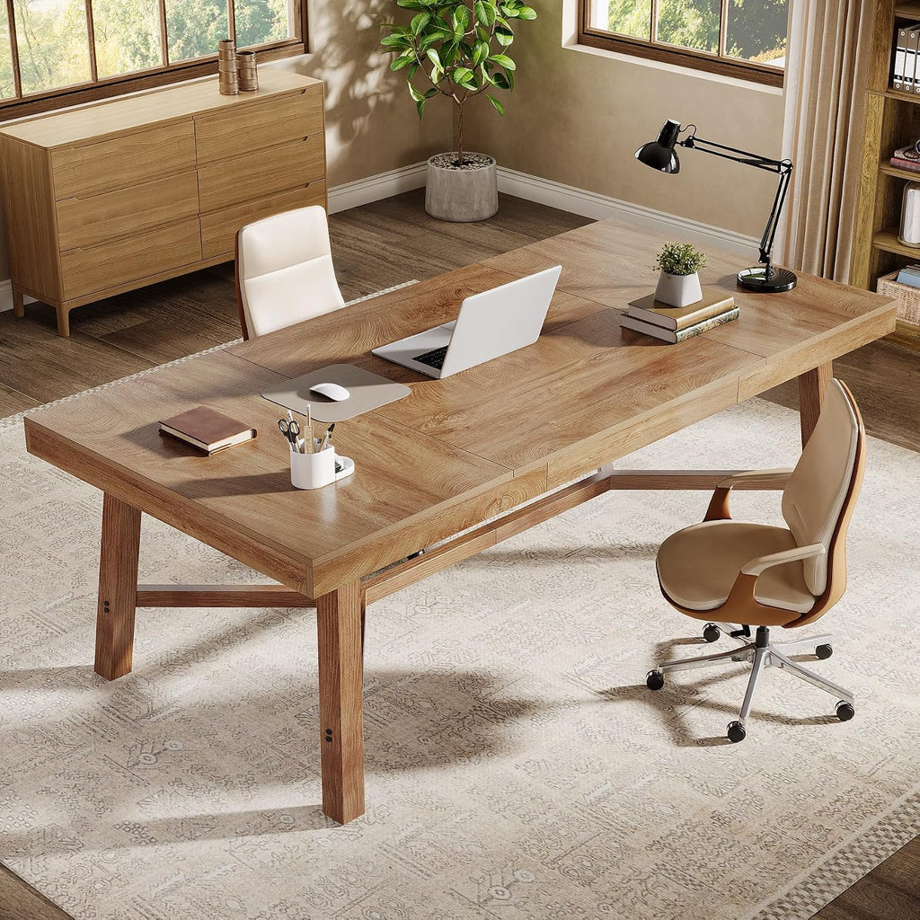 Tribesigns 71-Inch Executive Desk, Farmhouse Office Computer Desk with Sturdy Leg Structure, Rectangular Writing Table Business Furniture for Home Office, Natural
