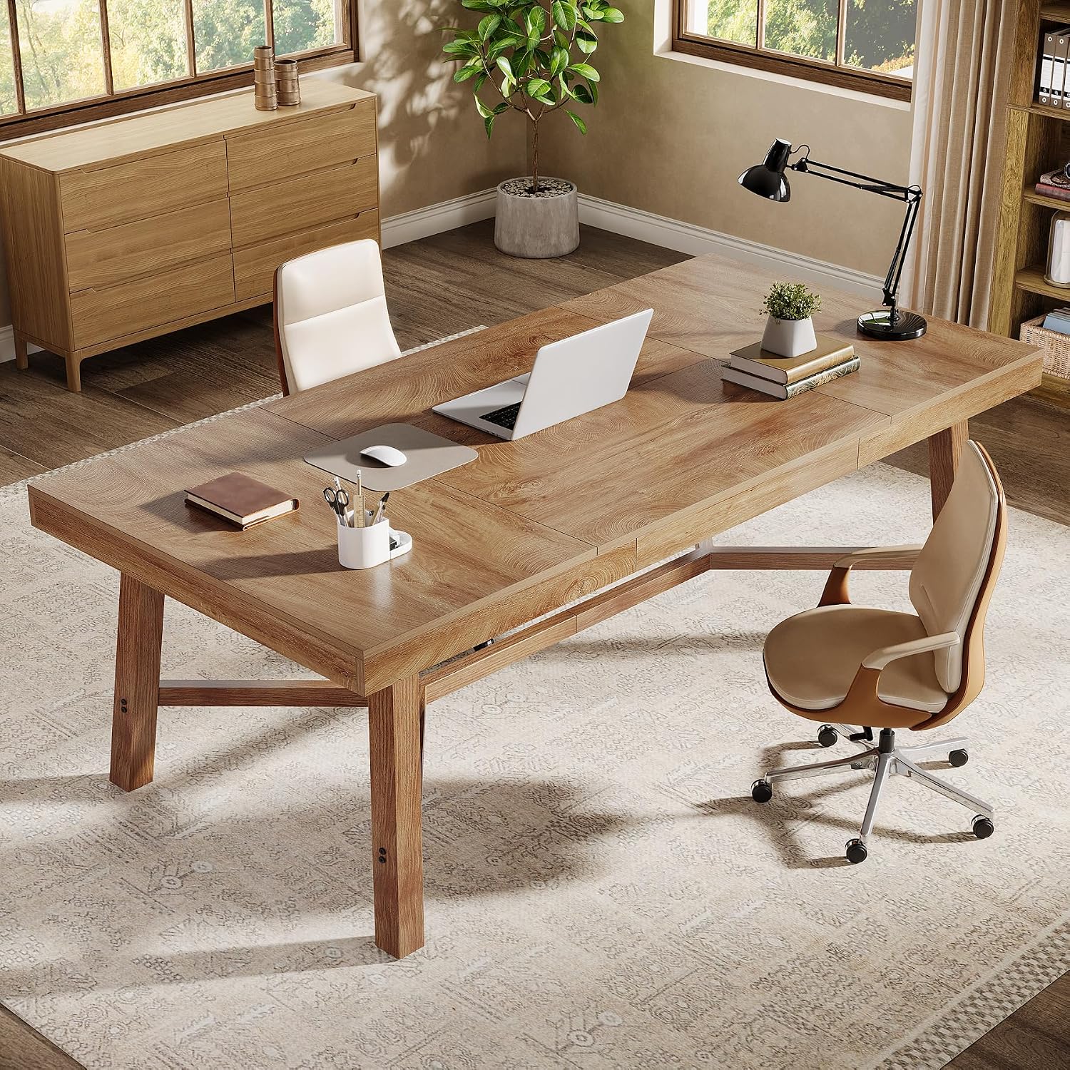 Tribesigns 71-Inch Executive Desk, Farmhouse Office Computer Desk with Sturdy Leg Structure, Rectangular Writing Table Business Furniture for Home Office, Natural