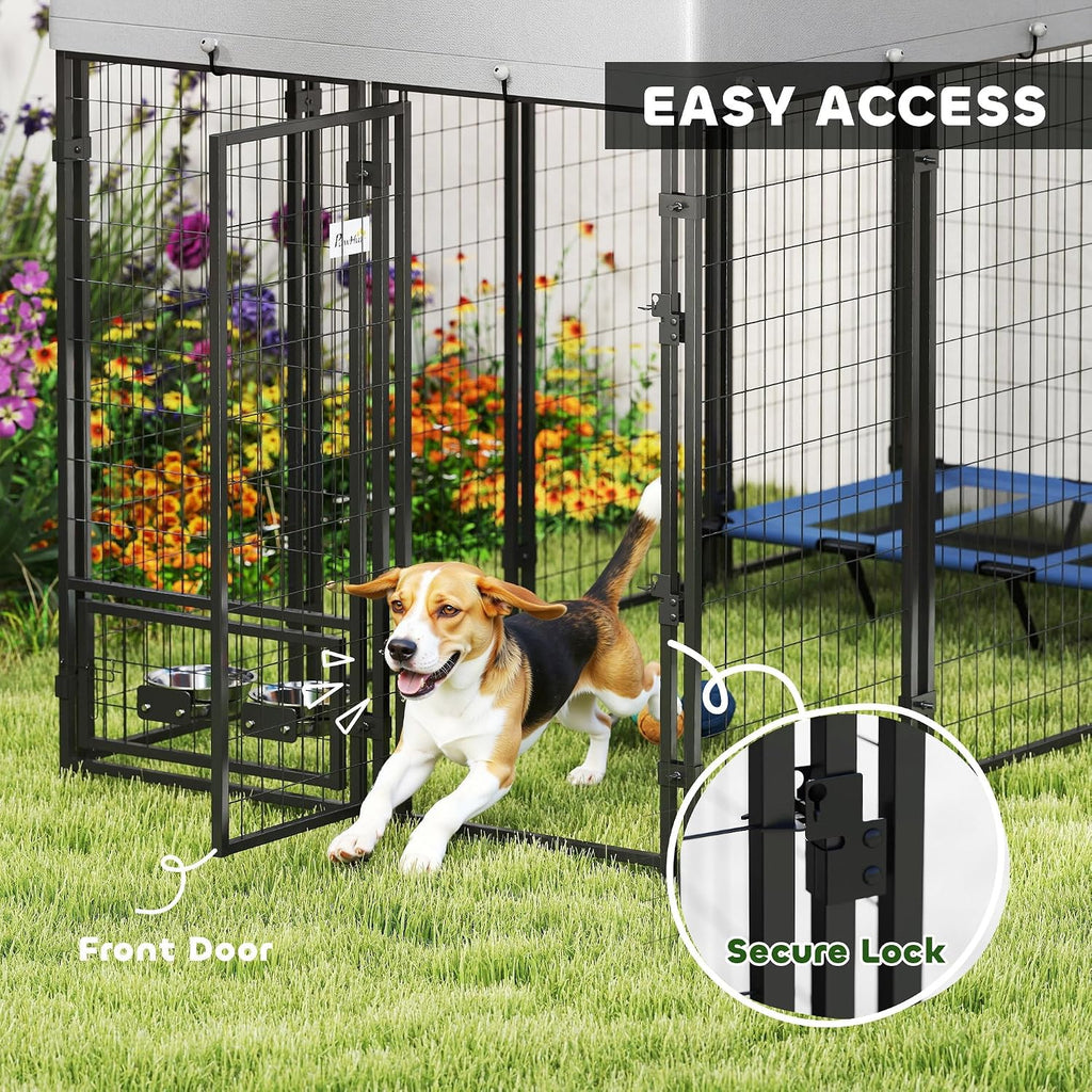 PawHut 8' x 4' x 6' Outdoor Dog Kennel, Welded Wire Dog Kennel Outside Run with 360° Rotating Bowls, Waterproof & UV Resistant Cover, for S&M&L Breeds, Chickens, Ducks, Silver