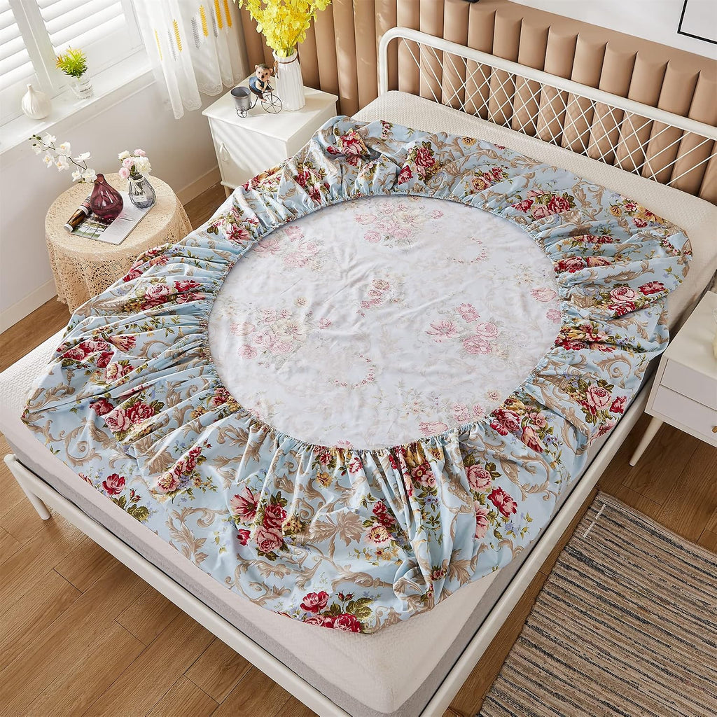 ABREEZE Floral Bedding Shabby Blue Bed Sheet Set Vintage Luxury Bedding Collections Ruffled 1000 Thread Count 100% Egyptian Cotton Deep Pocket, 4 Piece-King Size