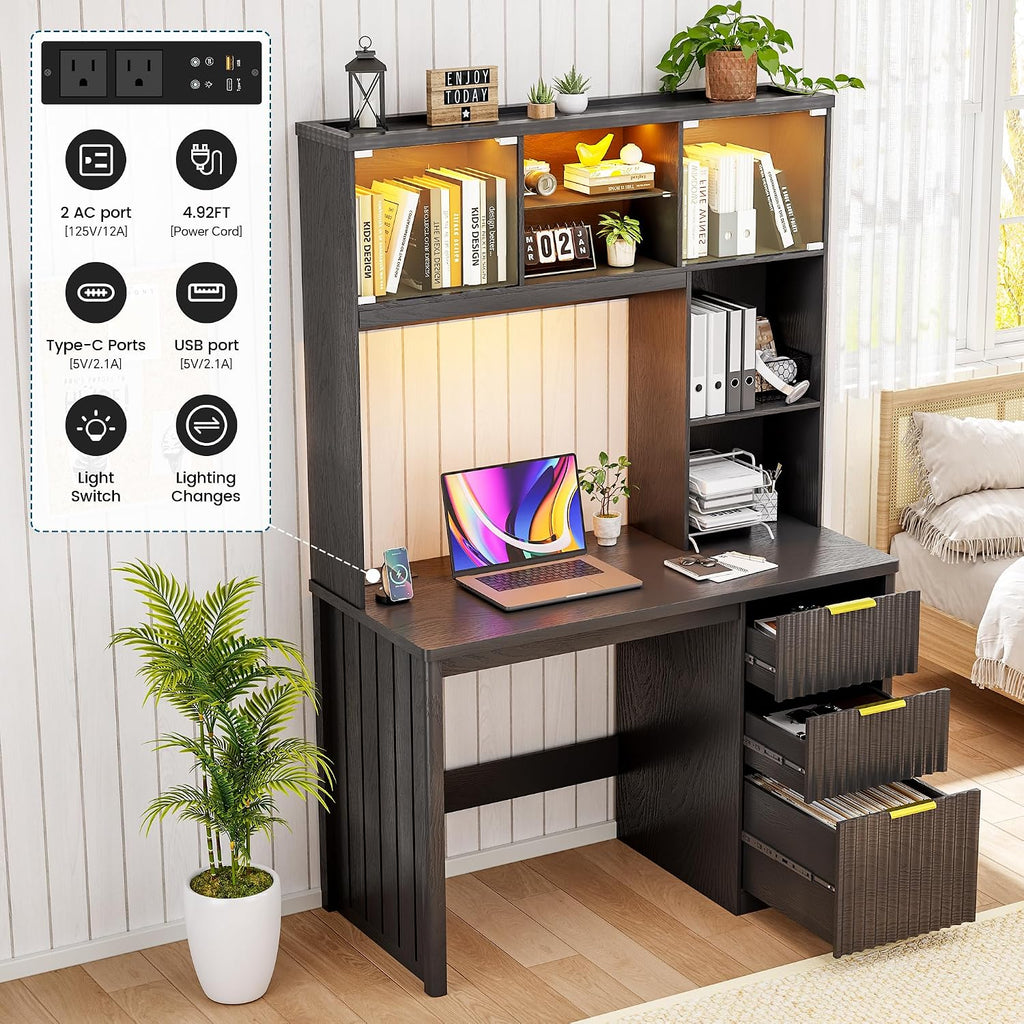 WOOVIVS Standing Desk with LED Light for Office Room, Smart Computer Desk with Hutch and Drawer for Game Room,Modern Study Table with 2AC Port Charging Station/Lamp/for Bedroom (Black)