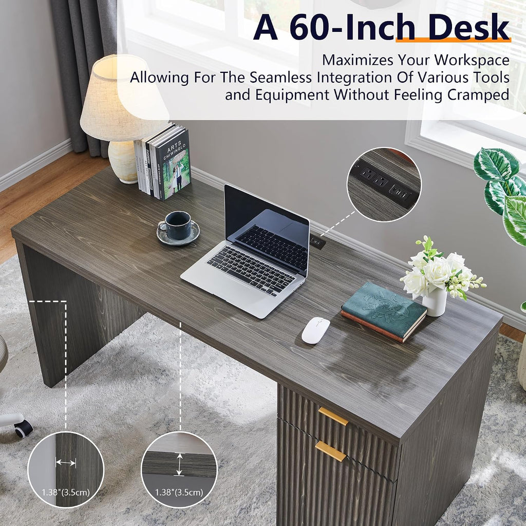 JXQTLINGMU 60' Modern Executive Desk with Storage, Wood Home Office Desk with Drawer & Cabinet, Fluted Computer Writing Desk for Study, Work, Living Room, Bedroom, Grayish Green