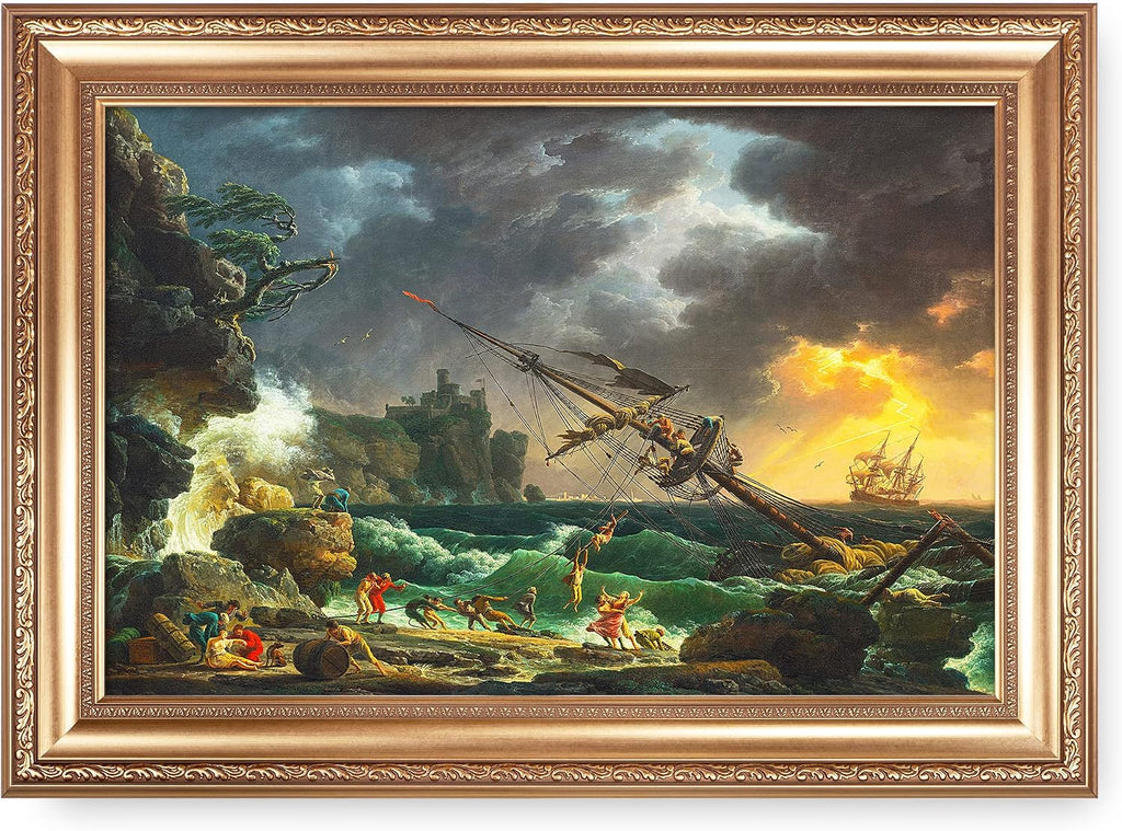 The Shipwreck Sailboat by Claude–Joseph Vernet Sailboat Warship Painting Reproductions Framed Size:36x26 inches,Image Size:30x20 inches World Classic Reproductions For HomeDecor,Gold Frame