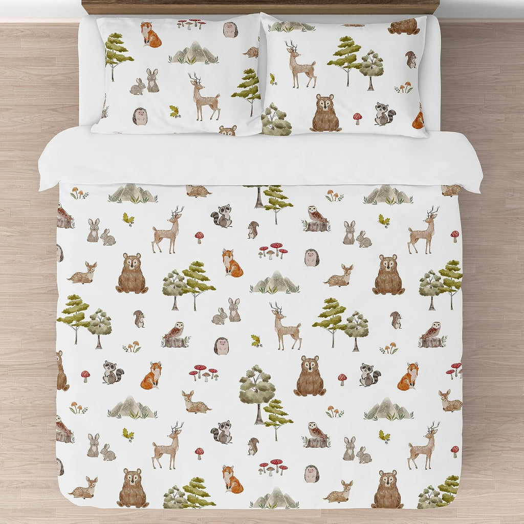 Sweet Jojo Designs Woodland Forest Animals Boy Girl Gender Neutral Unisex Queen Comforter Set Full Size Bedding Kids Teen Adult Bed Room 3pc Brown Bear Owl Animal Print Tree Deer Bunny Taupe Friends