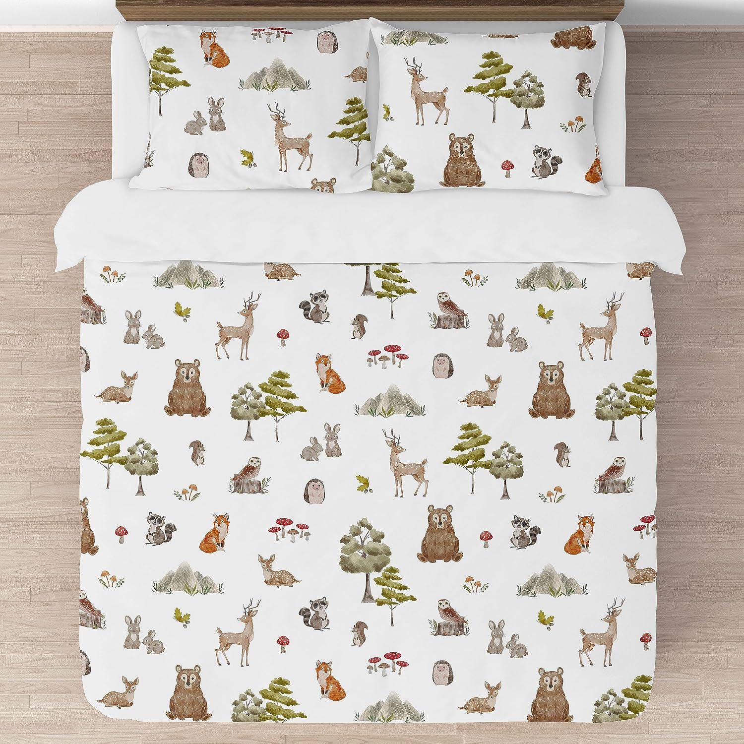 Sweet Jojo Designs Woodland Forest Animals Boy Girl Gender Neutral Unisex Queen Comforter Set Full Size Bedding Kids Teen Adult Bed Room 3pc Brown Bear Owl Animal Print Tree Deer Bunny Taupe Friends