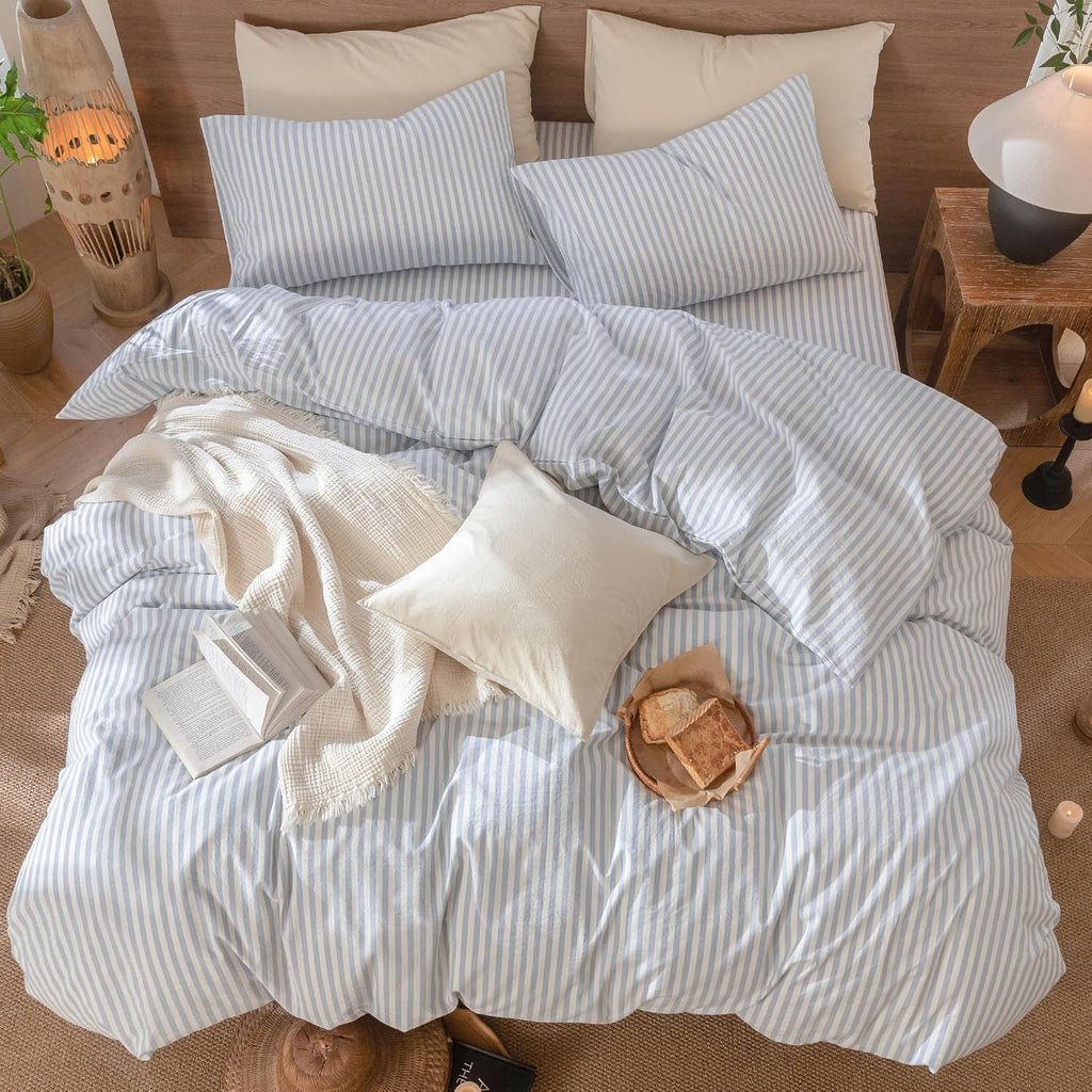 MooMee Striped Duvet Cover Set 100% Washed Cotton Linen Like Textured Breathable Durable Soft Comfy (Cornflower Blue White Classic Stripes, Alaska King 132'x120')