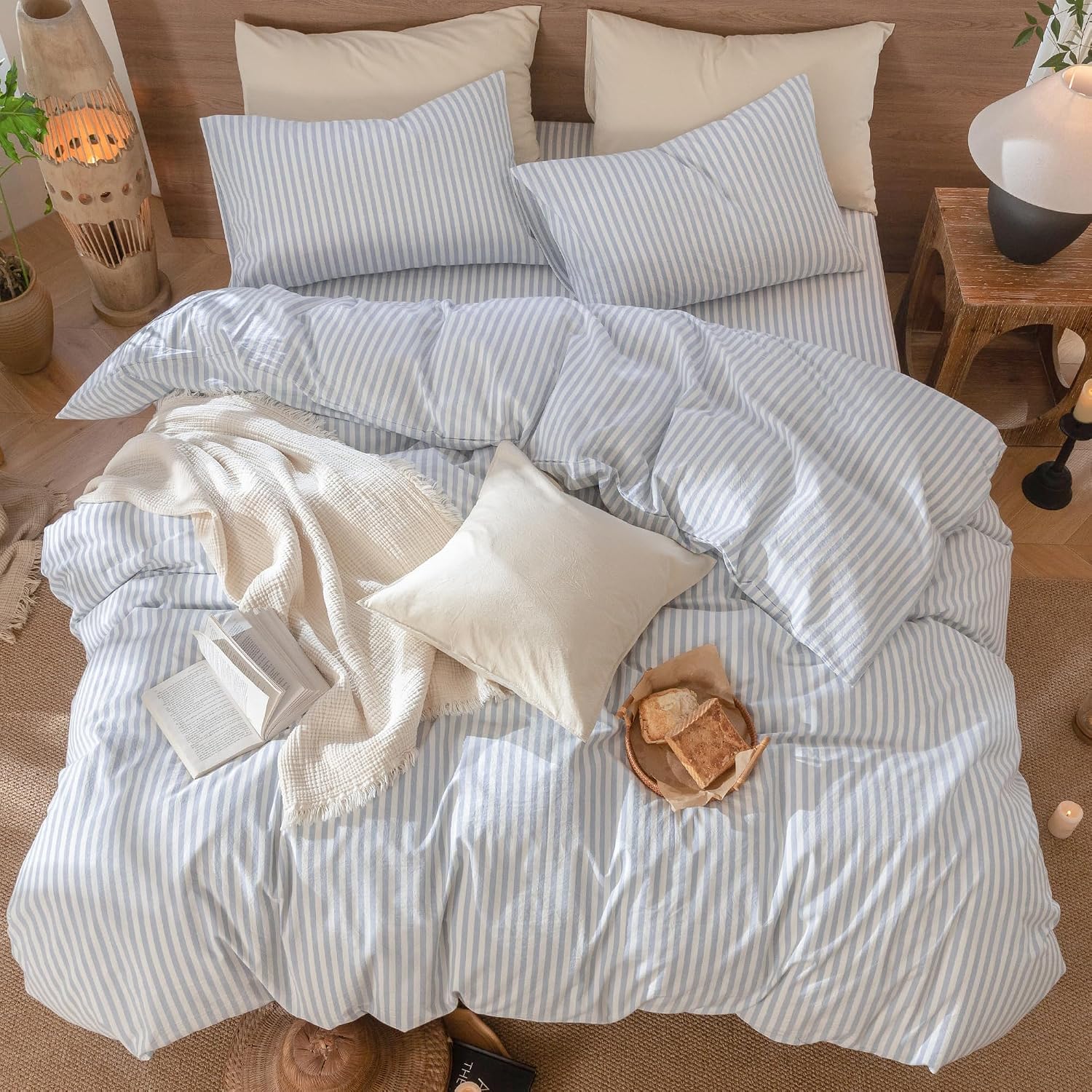 MooMee Striped Duvet Cover Set 100% Washed Cotton Linen Like Textured Breathable Durable Soft Comfy (Cornflower Blue White Classic Stripes, Oversized King Plus 128'x120')