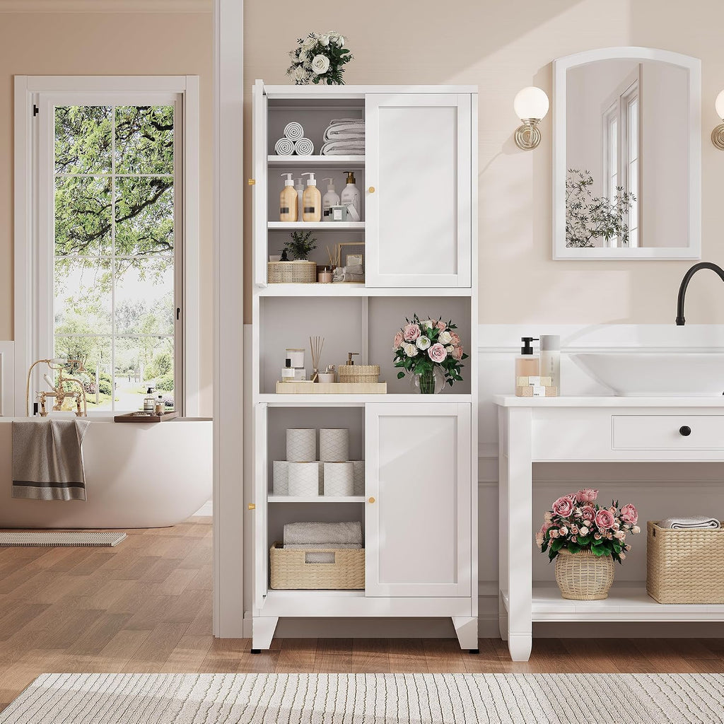 69' H Kitchen Hutch Cabinet with Storage,White Metal Storage Cabinet,Microwave Cabinet,Kitchen Pantry Cabinet with Countertop