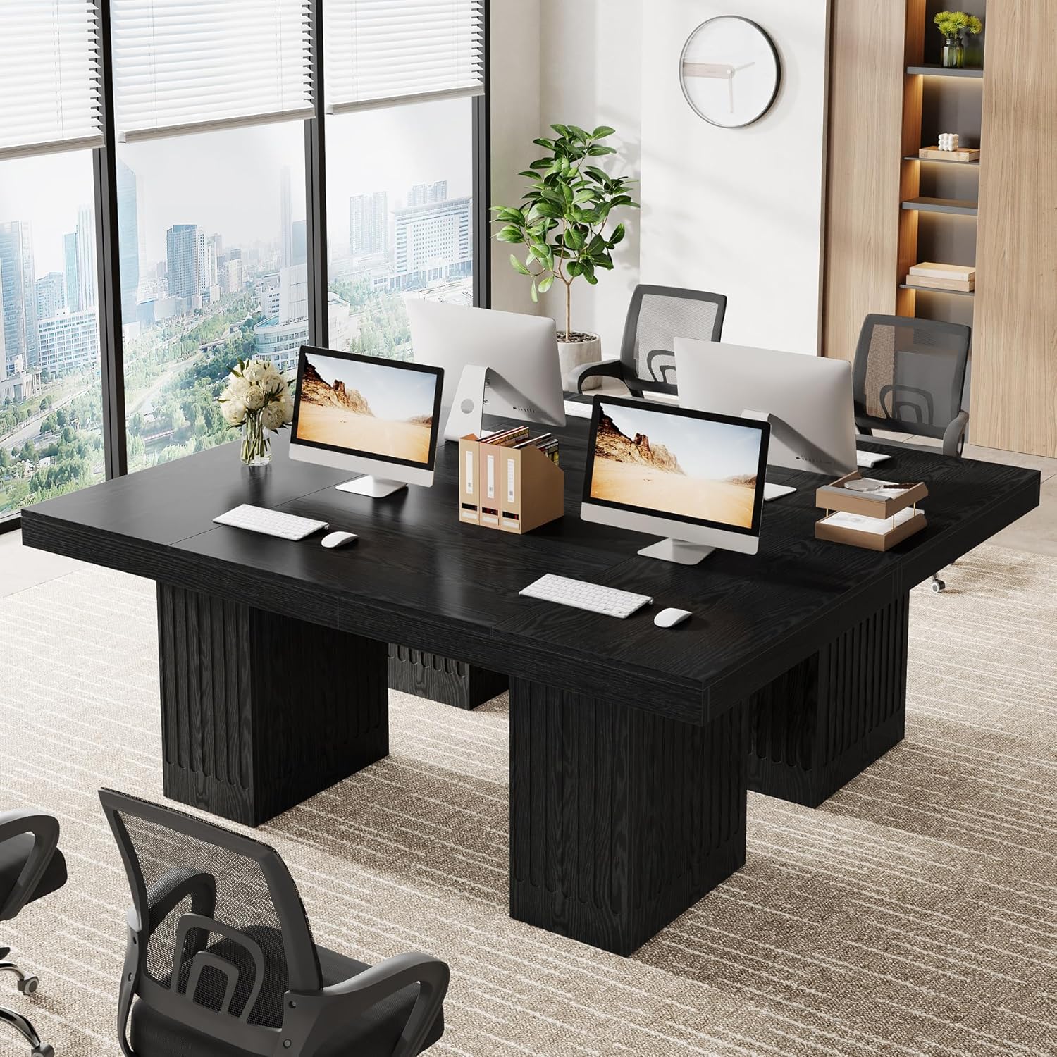 Tribesigns 63 Inch Executive Desk, Large Office Computer Desk with Double Pedestal, Black Modern Simple Desk, Study Writing Table Business Furniture for Home Office, Set of 2
