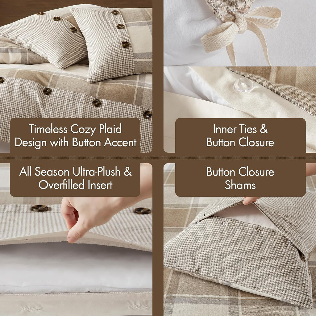 Madison Park King Comforter Cotton Jacquard Plaid Cabin Oversized Comforters King Bed, Removable Cover, All Season King Size Comforter, Décor Pillows, King/Cal King Neutral 9 Piece