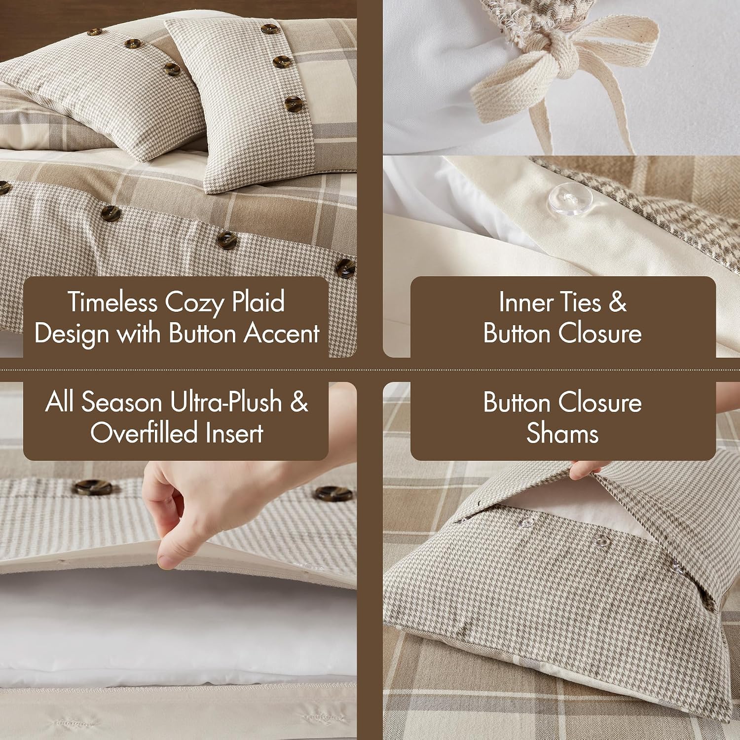 Madison Park King Comforter Cotton Jacquard Plaid Cabin Oversized Comforters King Bed, Removable Cover, All Season King Size Comforter, Décor Pillows, King/Cal King Neutral 9 Piece