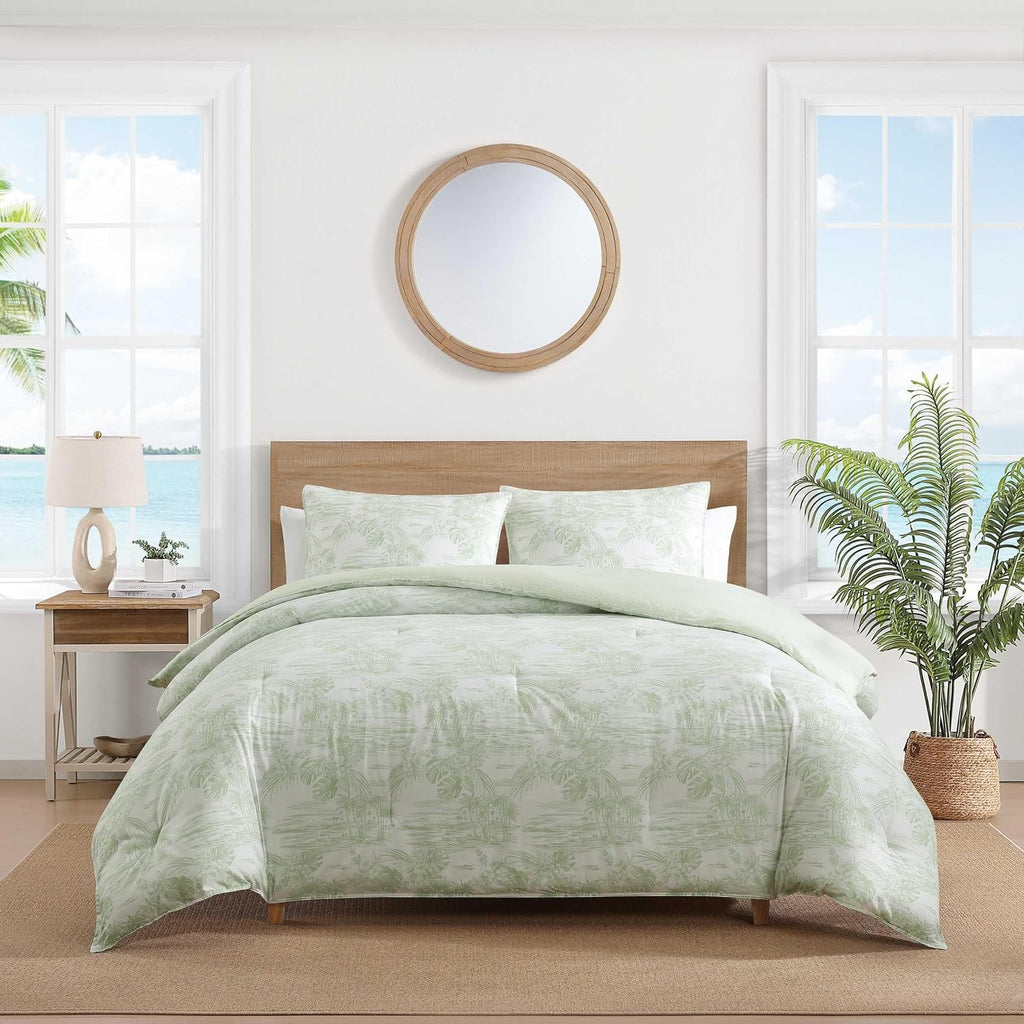 Tommy Bahama - Queen Comforter Set, 100% Soft Cotton Bed Set for Year Round Comfort, Coastal Bedding with Matching Pillowcases (Beach Bluff Toile Green)