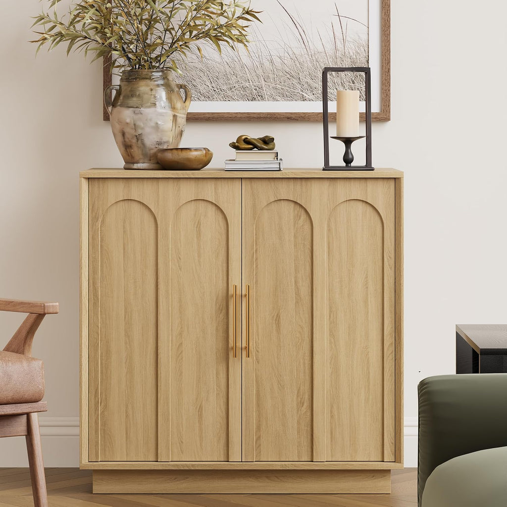 FORTUNETEC Sideboard Buffet Cabinet with Storage Set of 3, Mid Century Modern Accent Cabinet with Arched Doors, Modular Media Console, Credenza for Living Room Kitchen Dining Room Entryway, Oak