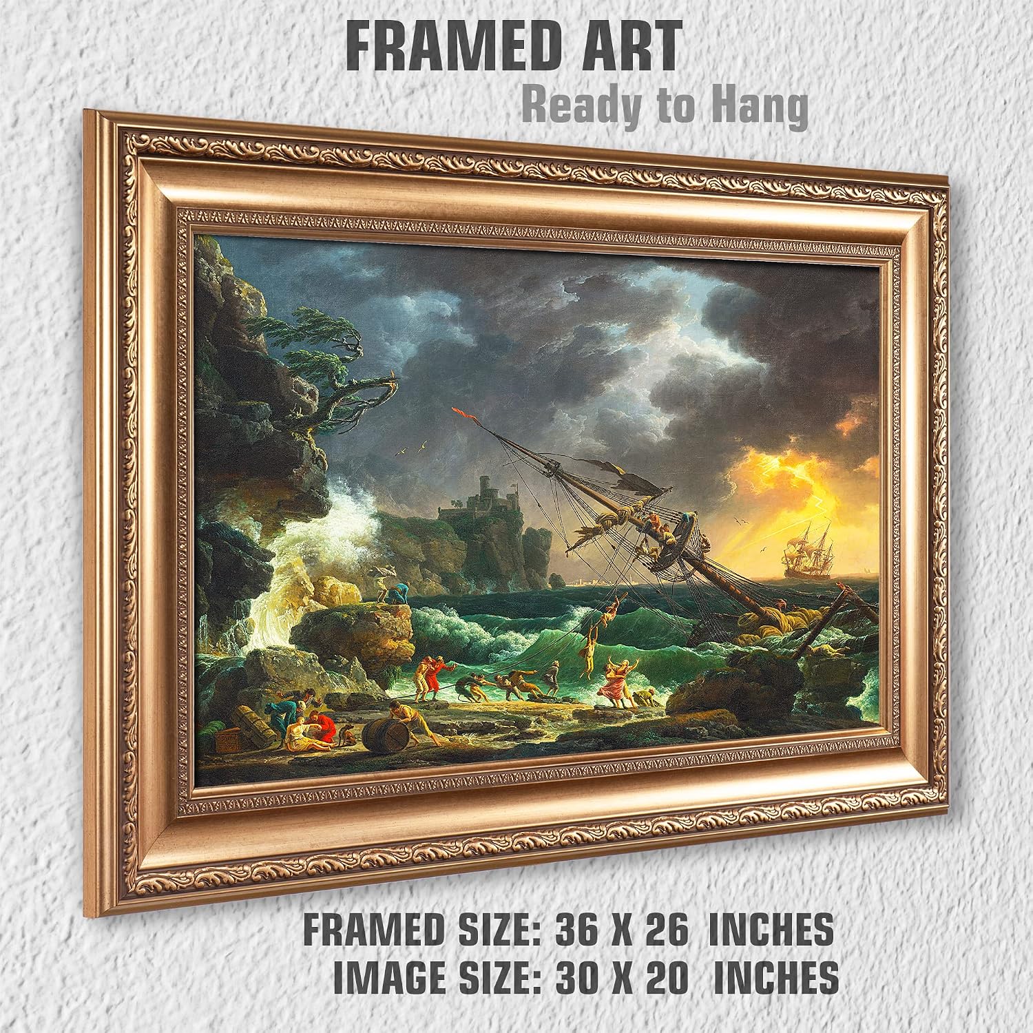 The Shipwreck Sailboat by Claude–Joseph Vernet Sailboat Warship Painting Reproductions Framed Size:36x26 inches,Image Size:30x20 inches World Classic Reproductions For HomeDecor,Gold Frame