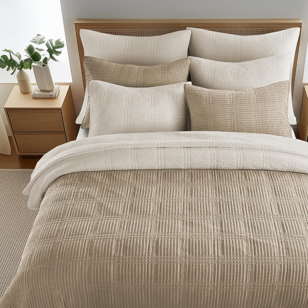 Levtex Home Cloud Waffle King/Cal King Quilt Set (106x92in) and 2 Pillow Shams (36x20) - Box Quilted Waffle Texture - Undyed Cream - Cotton King Size Quilt Bedding Set - Lightweight Soft Pre-Washed