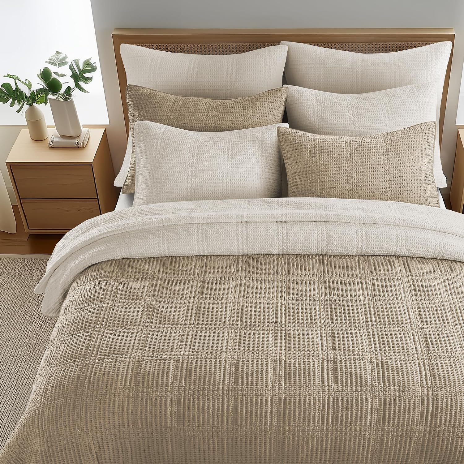 Levtex Home Cloud Waffle King/Cal King Quilt Set (106x92in) and 2 Pillow Shams (36x20) - Box Quilted Waffle Texture - Undyed Cream - Cotton King Size Quilt Bedding Set - Lightweight Soft Pre-Washed