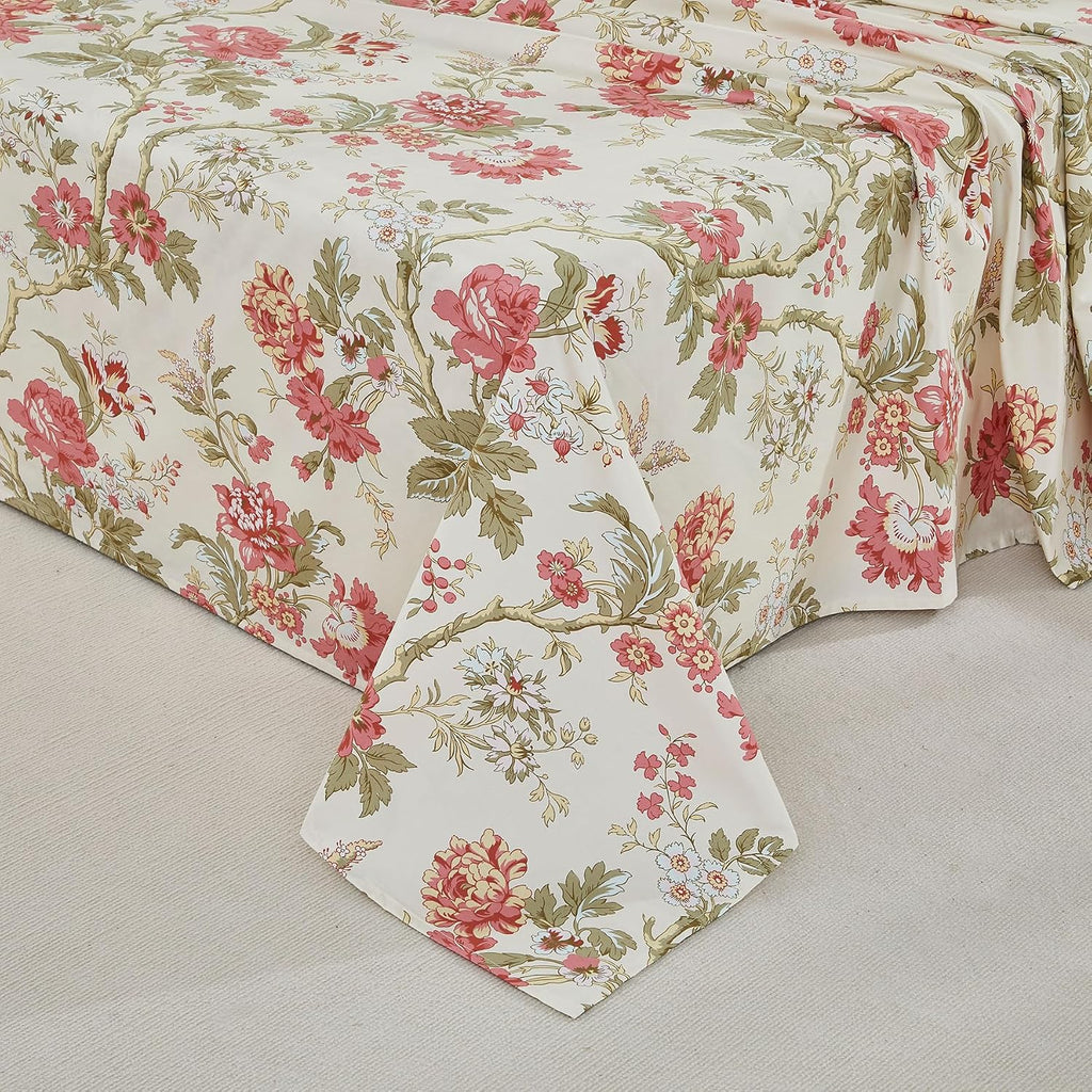 Brandream Floral Bedding Chinoiserie Blossom Farmhouse Sheets Set Queen Size Luxury Grandmillennial Bedding Decor 100% Egyptian Cotton Deep Pocket, 4Pieces Botanical Tree Branches Ornamental Drawing