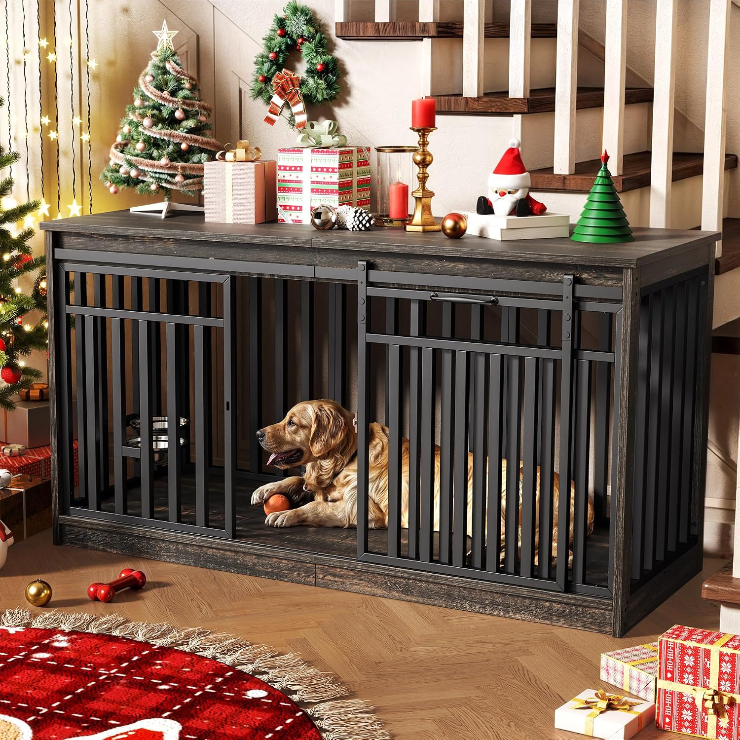 DWVO 55' Extra Large Dog Crate Furniture, Heavy Duty Metal Dog Kennel TV Stand with Sliding Door, Wooden Dog Cage Table with Dog Bowl for Extra Large Medium Dogs or 2 Small Dogs Black Oak