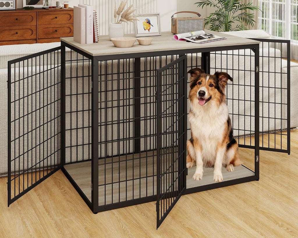 Yafylly 48' Dog Crate Furniture for Medium Large Dogs, Indestructible Large Dog Kennel Indoor with 3 Doors, Wooden Dog Cage Side End Table, Heavy Duty XL Dog Crate, Gray