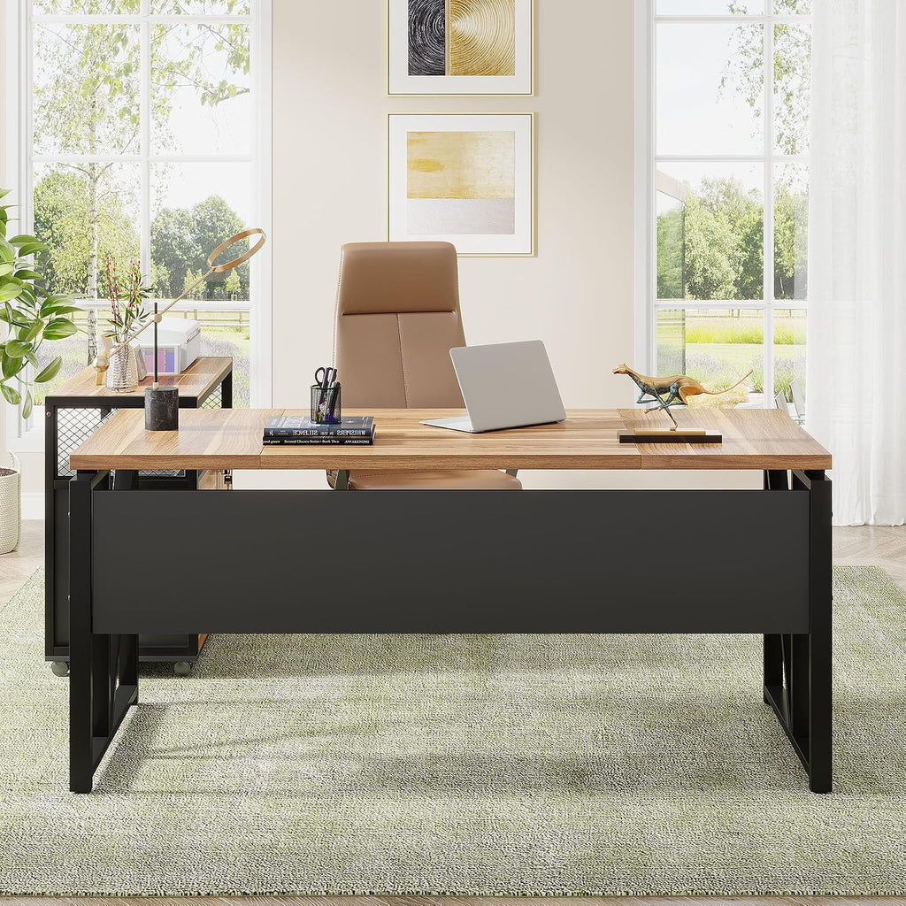 Tribesigns 63' Executive with Drawer Cabinet, L Shaped Desk and Lock lateral File Cabinet, 2 Piece Home Office Furniture Set with Drawers for Hanging File, (Brown, 63 inches)