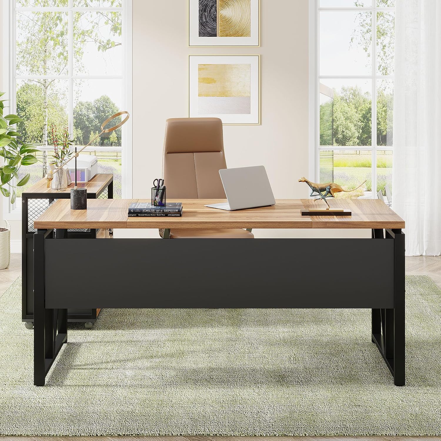 Tribesigns 63' Executive with Drawer Cabinet, L Shaped Desk and Lock lateral File Cabinet, 2 Piece Home Office Furniture Set with Drawers for Hanging File, (Brown, 63 inches)