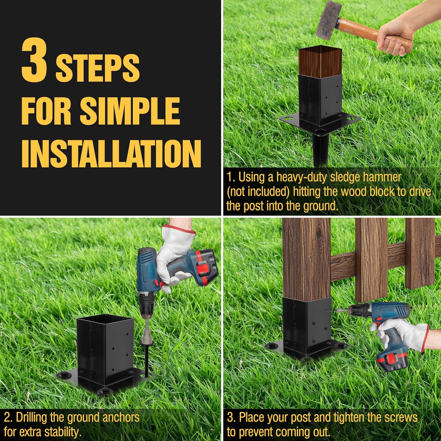 LADECH 16″ No-Dig 4×4 Ground Spike Post Anchors – Powder-Coated Steel, Includes 4 Corner Screws – Heavy-Duty Ground Anchors for Fence, Mailbox & Deck Posts (4 PCS - Black)