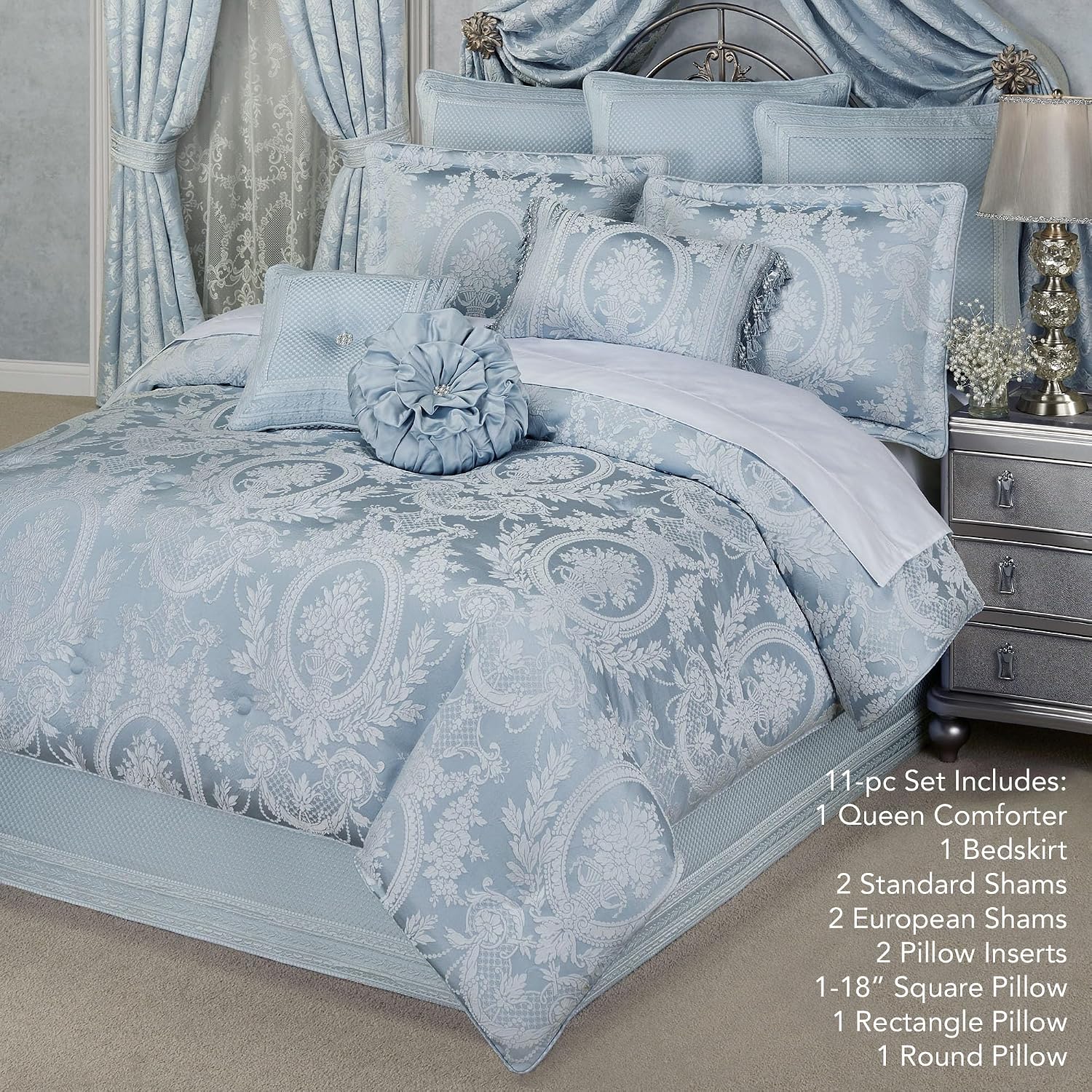 Contessa Luxury Bedding | Iced Platinum and Powder Blue | Puff Jacquard-Woven | 11 Pc Bed Set: Queen Comforter, Bedskirt, 2 Standard Shams, 2 Euro Shams, 2 Euro Pillow Inserts and 3 Decorative Pillows