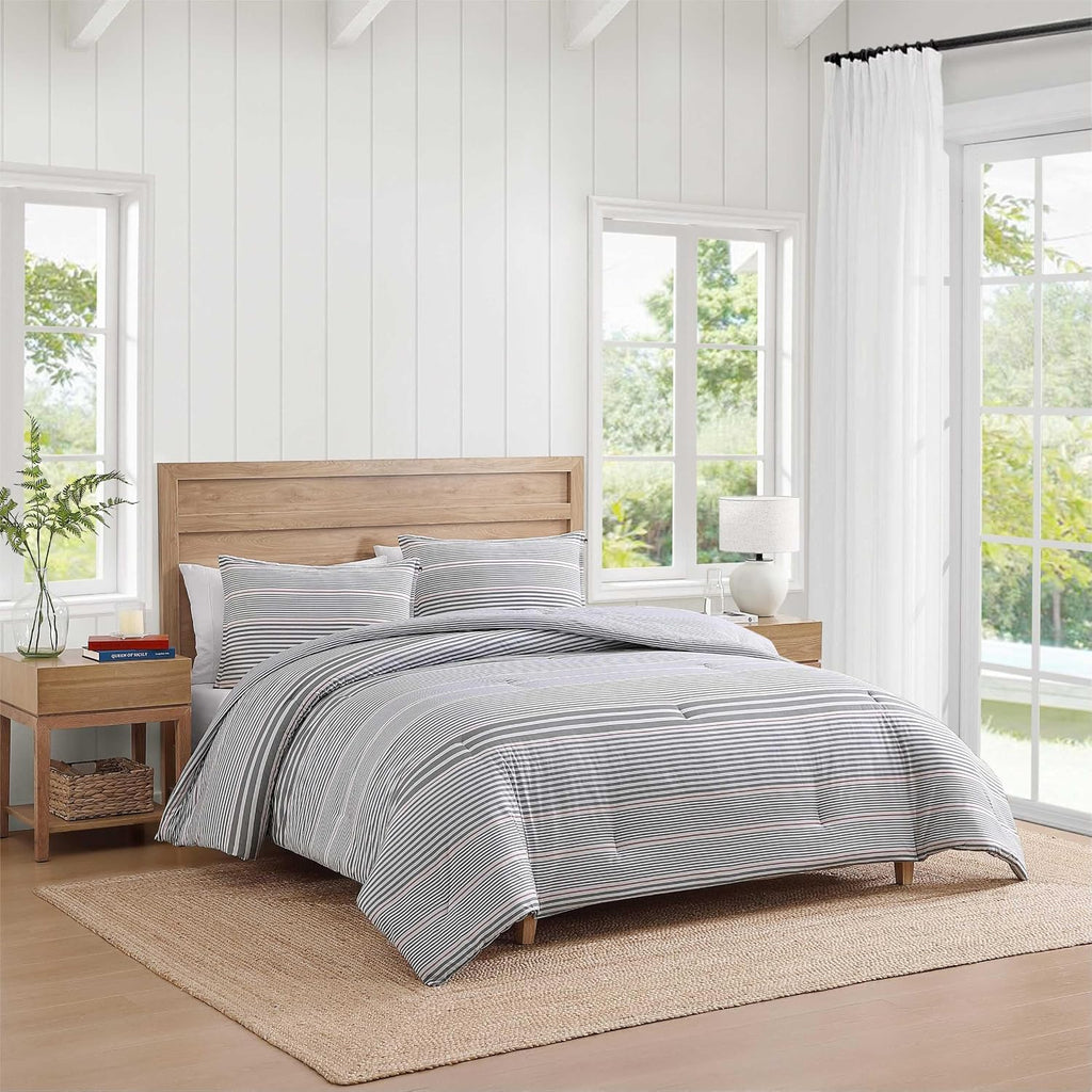 Tommy Hilfiger - King Comforter Set, Cotton Textured Bedding with Matching Shams, Medium Weight Bed Set, Oeko-TEX Certified (Danbury Stripe Blue)